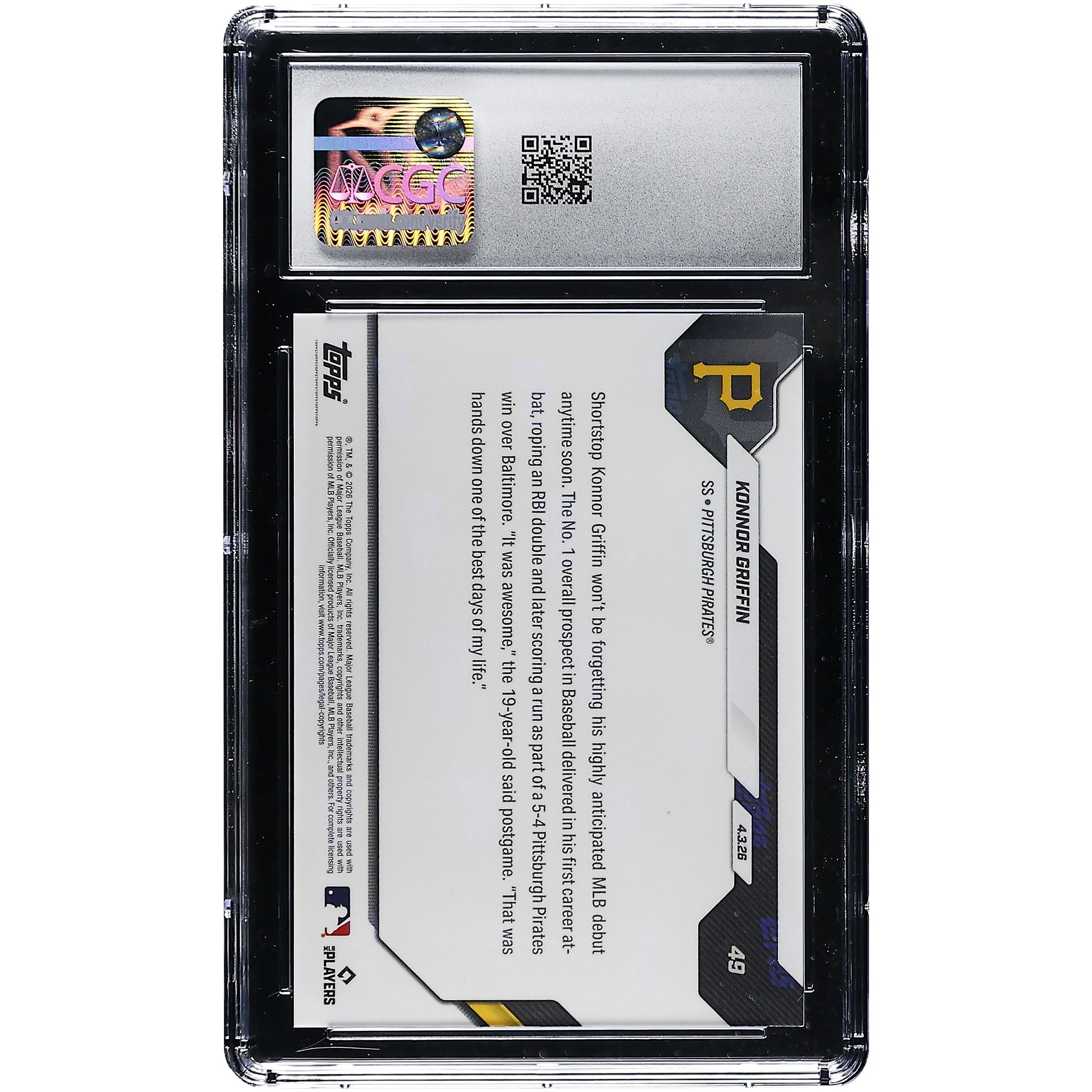 Konnor Griffin, Pirates de Pittsburgh, carte Topps Now 2026, jeune espoir de 19 ans, premier passage au bâton en MLB, double avec point produit, carte n° 49 authentifiée CGC, état neuf, carte recrue n° 10