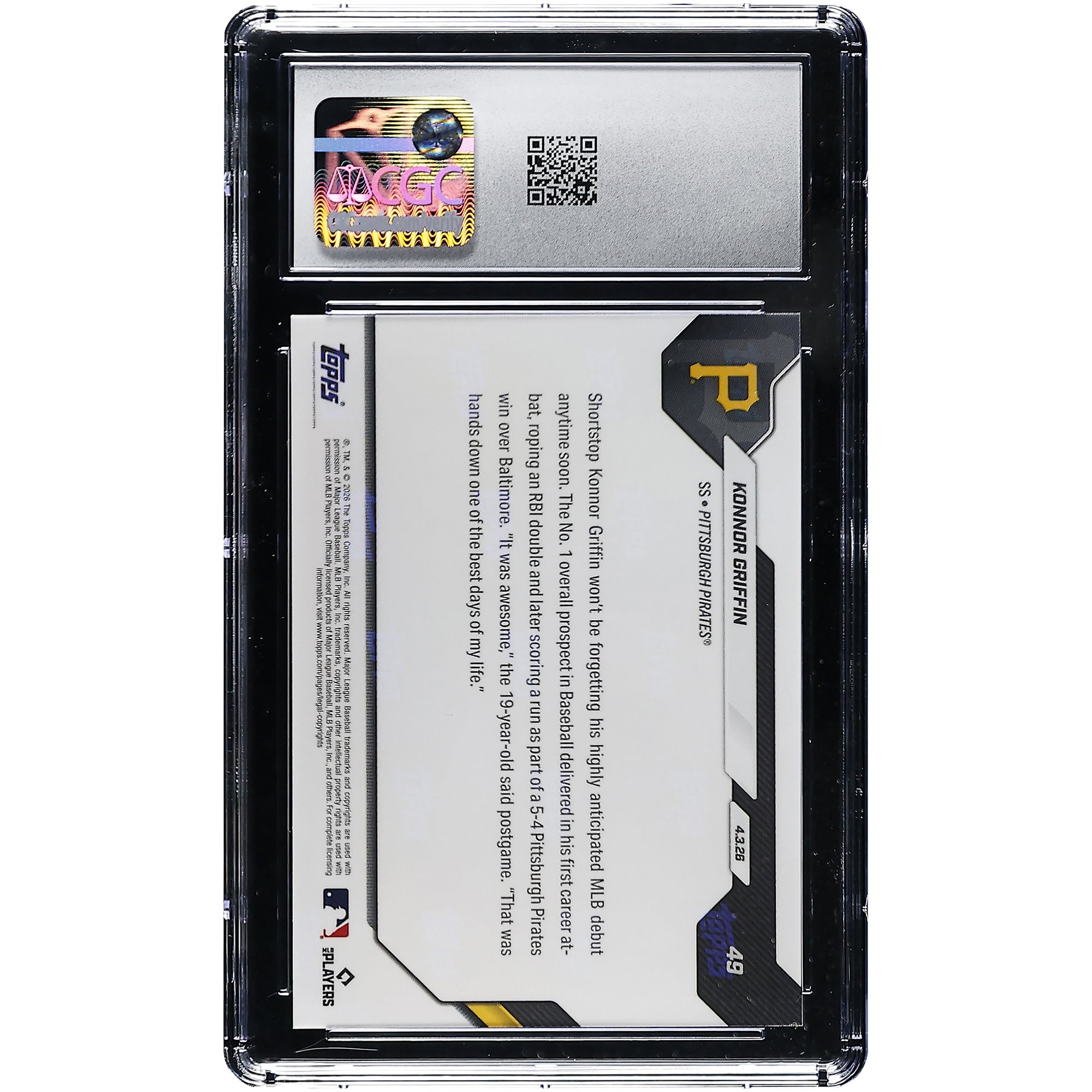 Konnor Griffin, Pirates de Pittsburgh, Topps Now 2026, espoir de 19 ans, 1re présence au bâton en MLB, double point produit, carte recrue n° 49 authentifiée CGC MINT+ 9.5