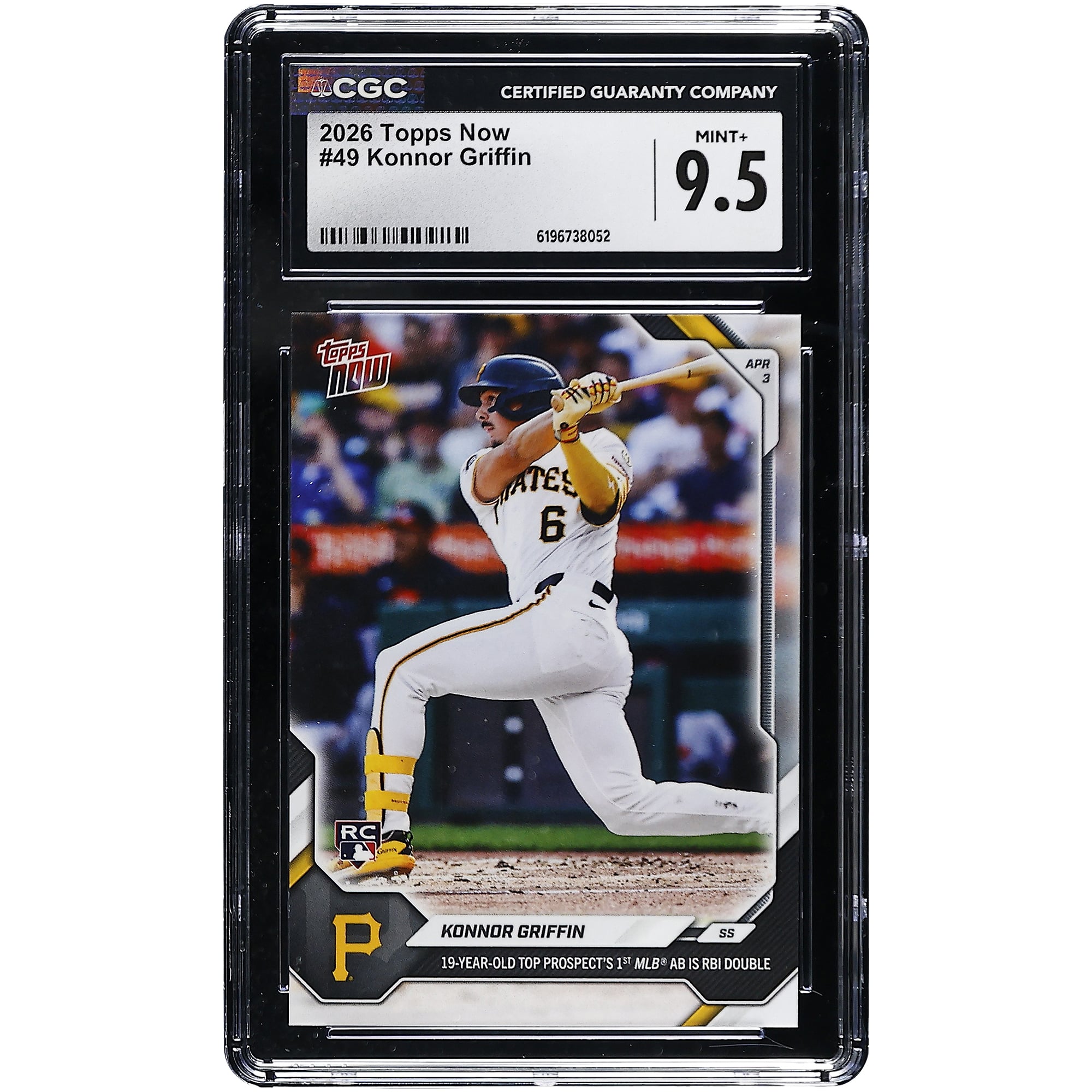 Konnor Griffin, Pirates de Pittsburgh, Topps Now 2026, espoir de 19 ans, 1re présence au bâton en MLB, double point produit, carte recrue n° 49 authentifiée CGC MINT+ 9.5