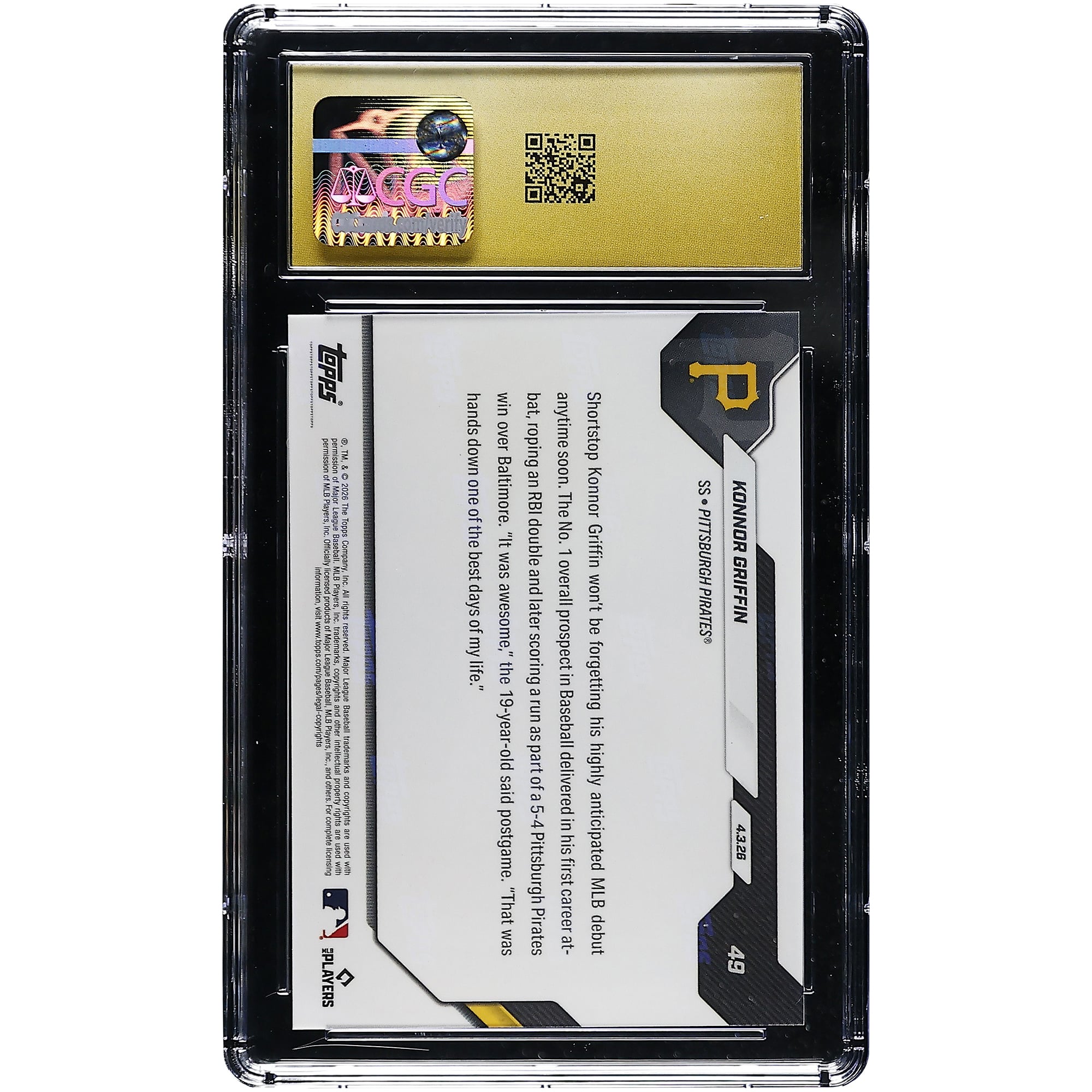 Konnor Griffin, Pirates de Pittsburgh, carte Topps Now 2026, jeune espoir de 19 ans, premier passage au bâton en MLB, double avec point produit, carte n° 49 authentifiée CGC, état impeccable, carte recrue n° 10