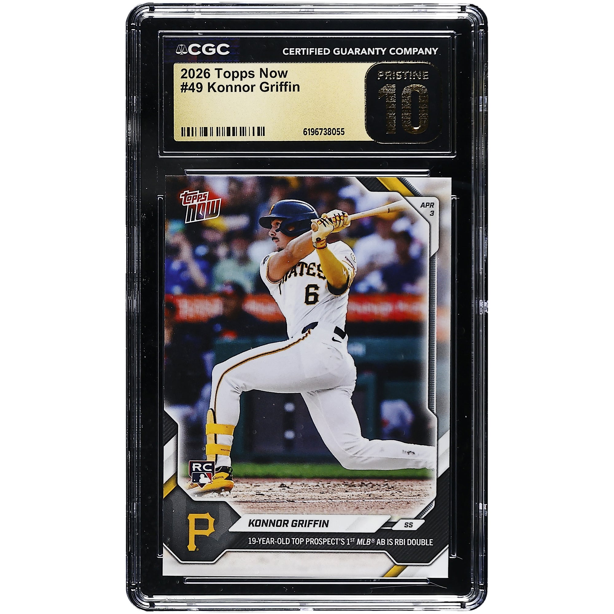 Konnor Griffin, Pirates de Pittsburgh, carte Topps Now 2026, jeune espoir de 19 ans, premier passage au bâton en MLB, double avec point produit, carte n° 49 authentifiée CGC, état impeccable, carte recrue n° 10