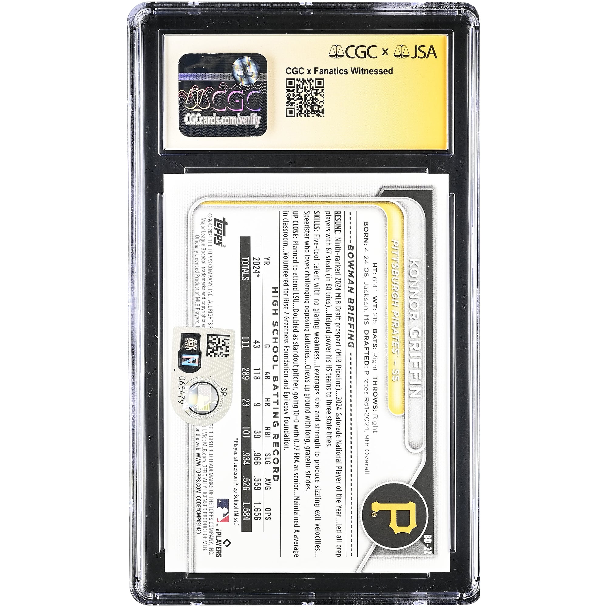 Carte autographiée de Konnor Griffin (Pittsburgh Pirates), repêchage Bowman 2024, numéro BD-22, authentifiée CGC (9,5/10).