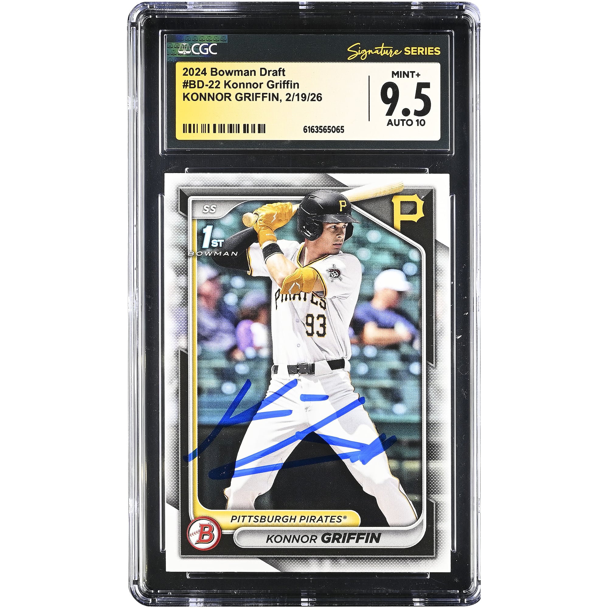 Carte autographiée de Konnor Griffin (Pittsburgh Pirates), repêchage Bowman 2024, numéro BD-22, authentifiée CGC (9,5/10).