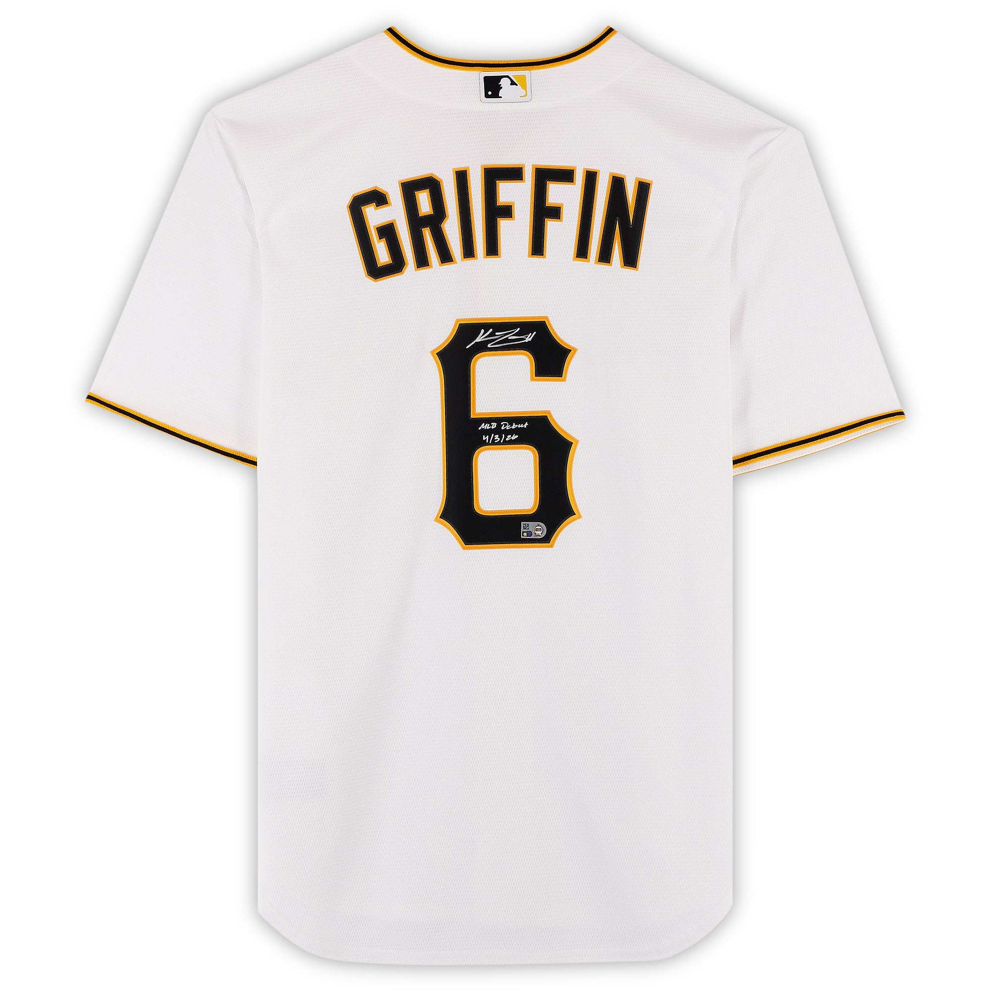 Maillot réplique blanc Nike autographié par Konnor Griffin des Pirates de Pittsburgh avec inscription « Début en MLB le 3 avril 1926 ».