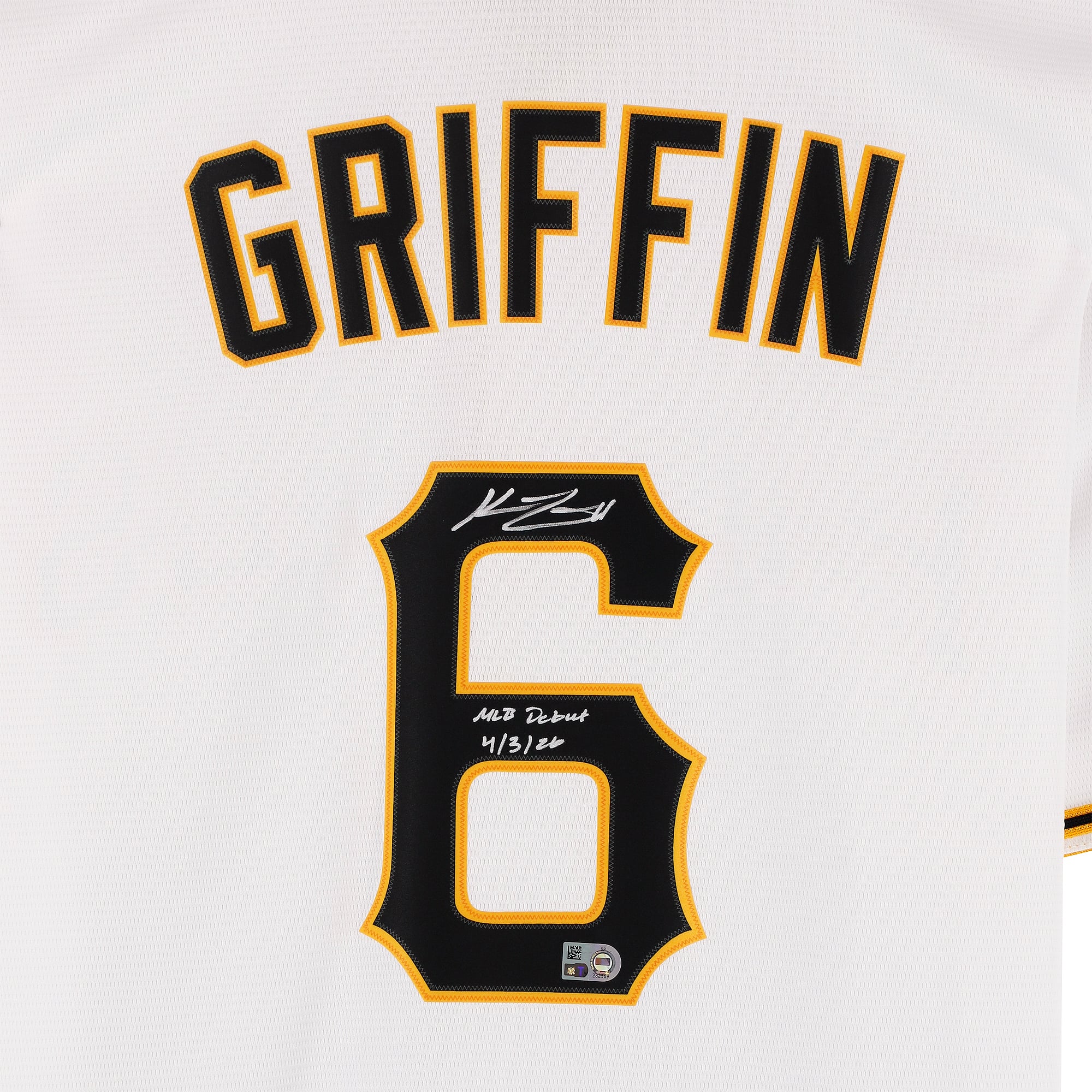 Maillot réplique blanc Nike autographié par Konnor Griffin des Pirates de Pittsburgh avec inscription « Début en MLB le 3 avril 1926 ».