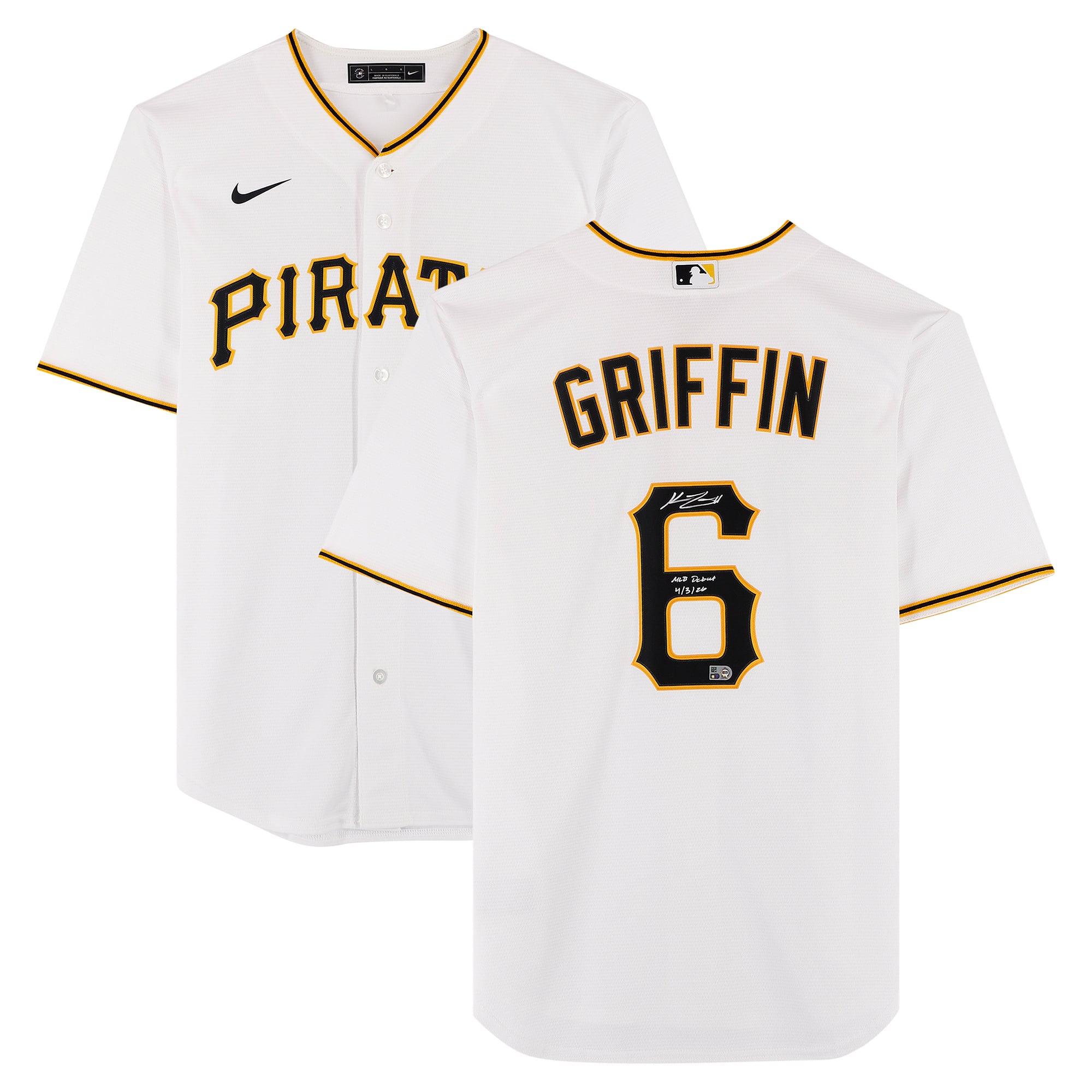 Maillot réplique blanc Nike autographié par Konnor Griffin des Pirates de Pittsburgh avec inscription « Début en MLB le 3 avril 1926 ».