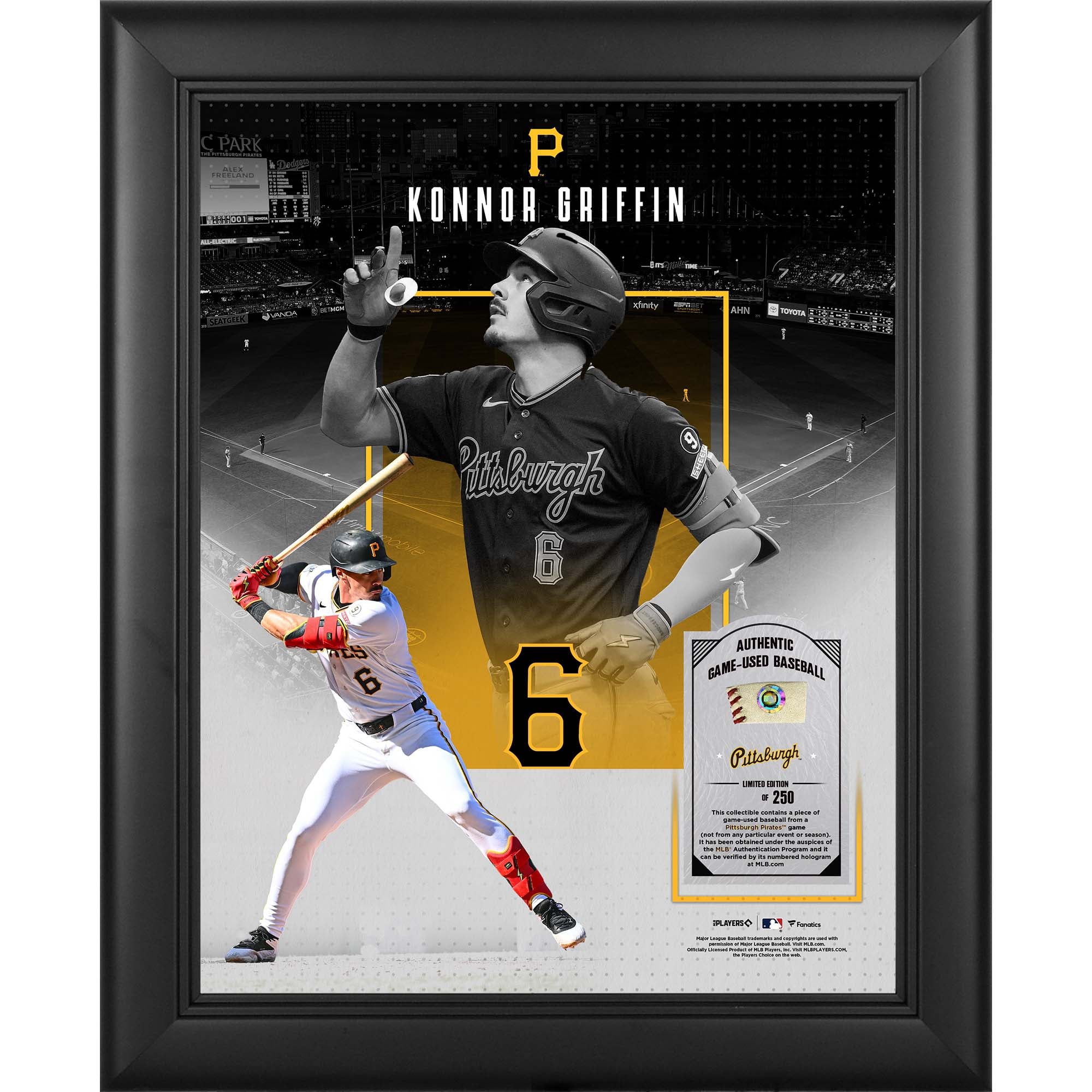 Collage encadré 11" x 14" de Konnor Griffin, représentant les Pirates de Pittsburgh, avec un morceau de balle utilisée en match - Édition limitée à 250 exemplaires