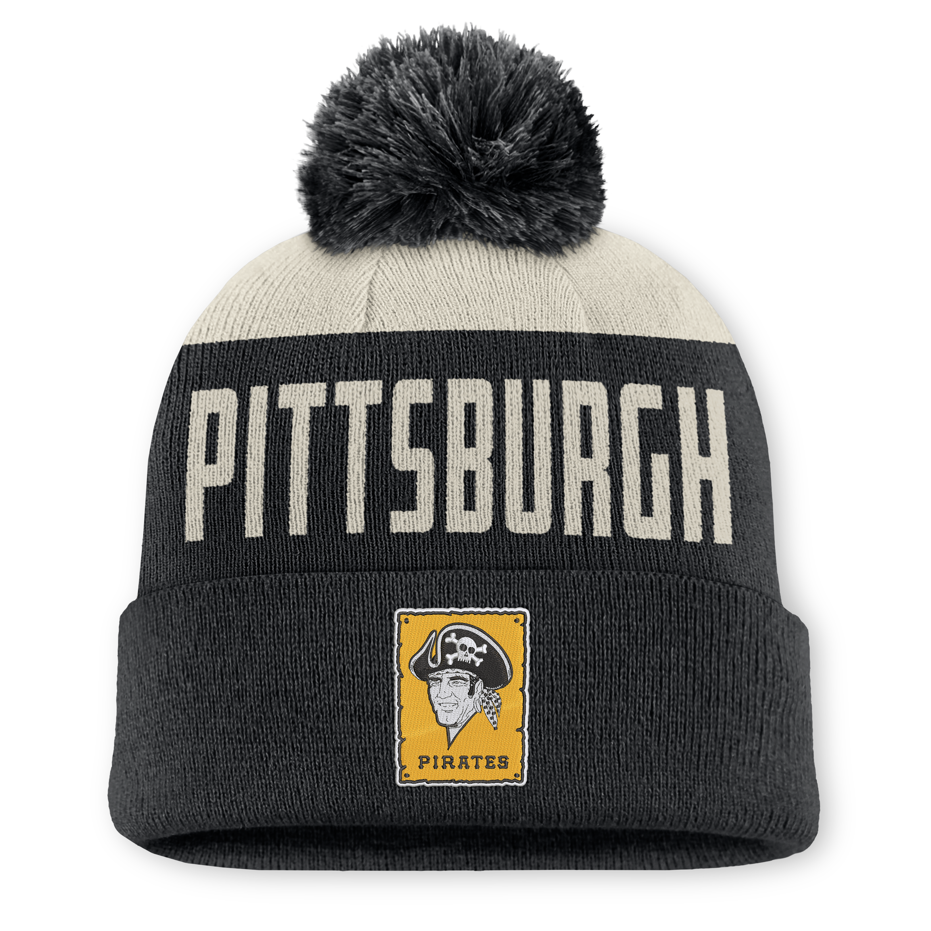 Bonnet à revers Nike Peak Standard pour homme, coloris naturel/noir, collection Pittsburgh Pirates Cooperstown, avec pompon.