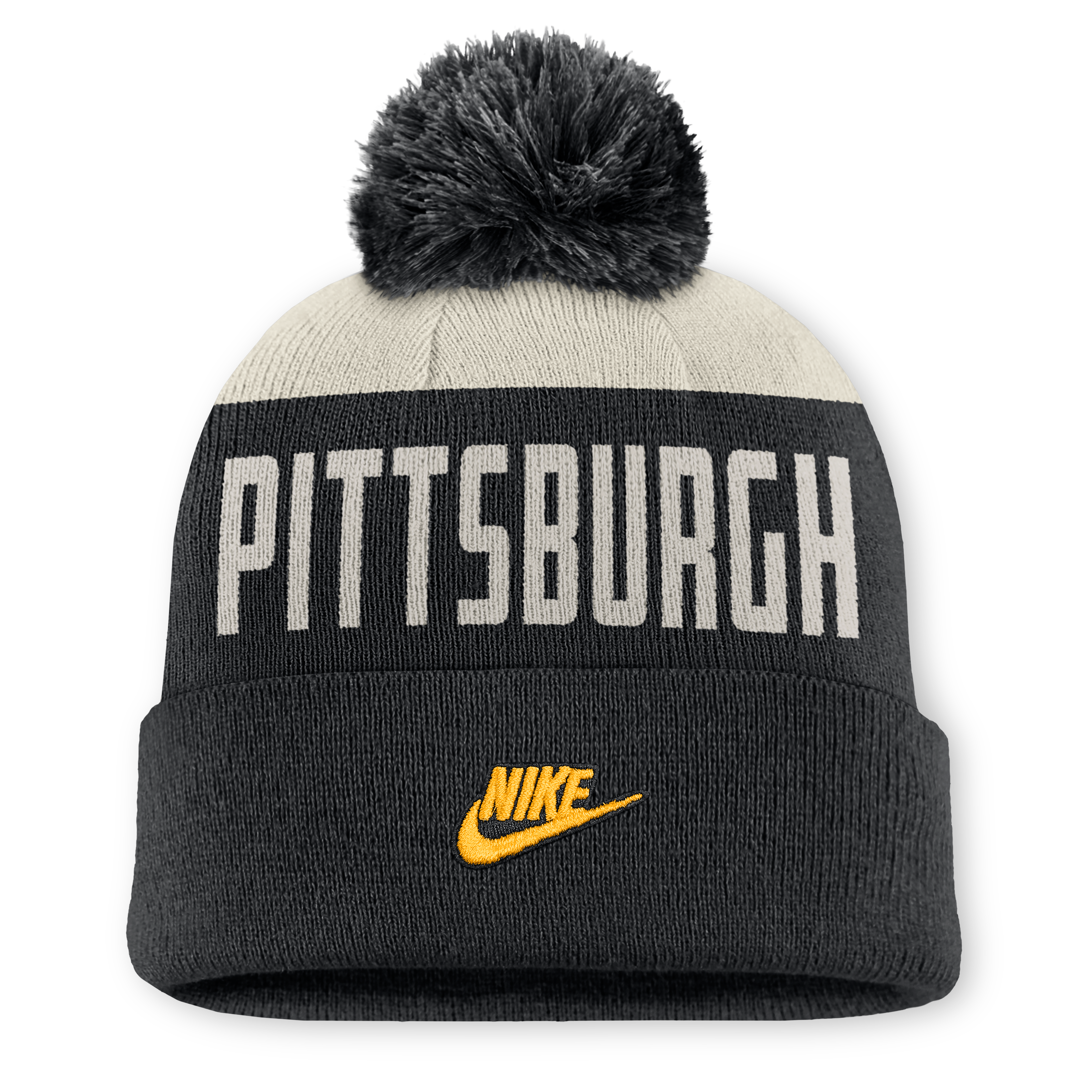 Bonnet à revers Nike Peak Standard pour homme, coloris naturel/noir, collection Pittsburgh Pirates Cooperstown, avec pompon.