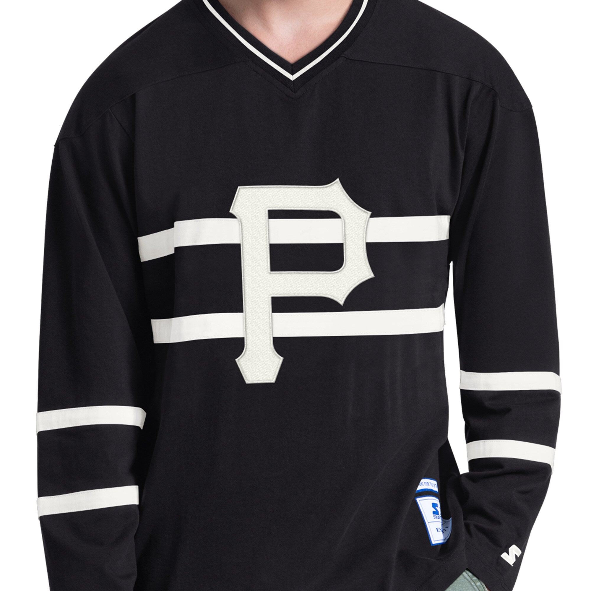 Men's Starter Black Pittsburgh Pirates Line Up Long Sleeve V-Neck T-Shirt