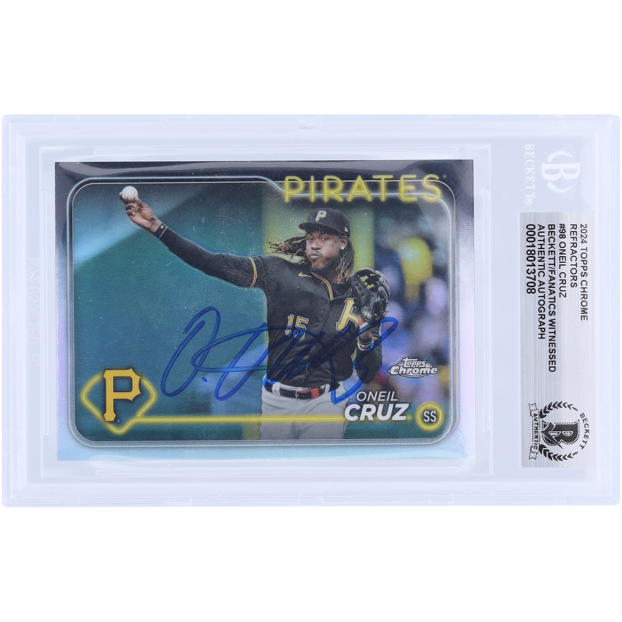 Oneil Cruz Pittsburgh Pirates Autographed 2024 Topps Chrome Refractor #98 Beckett Fanatics Witnessed Authenticated Card