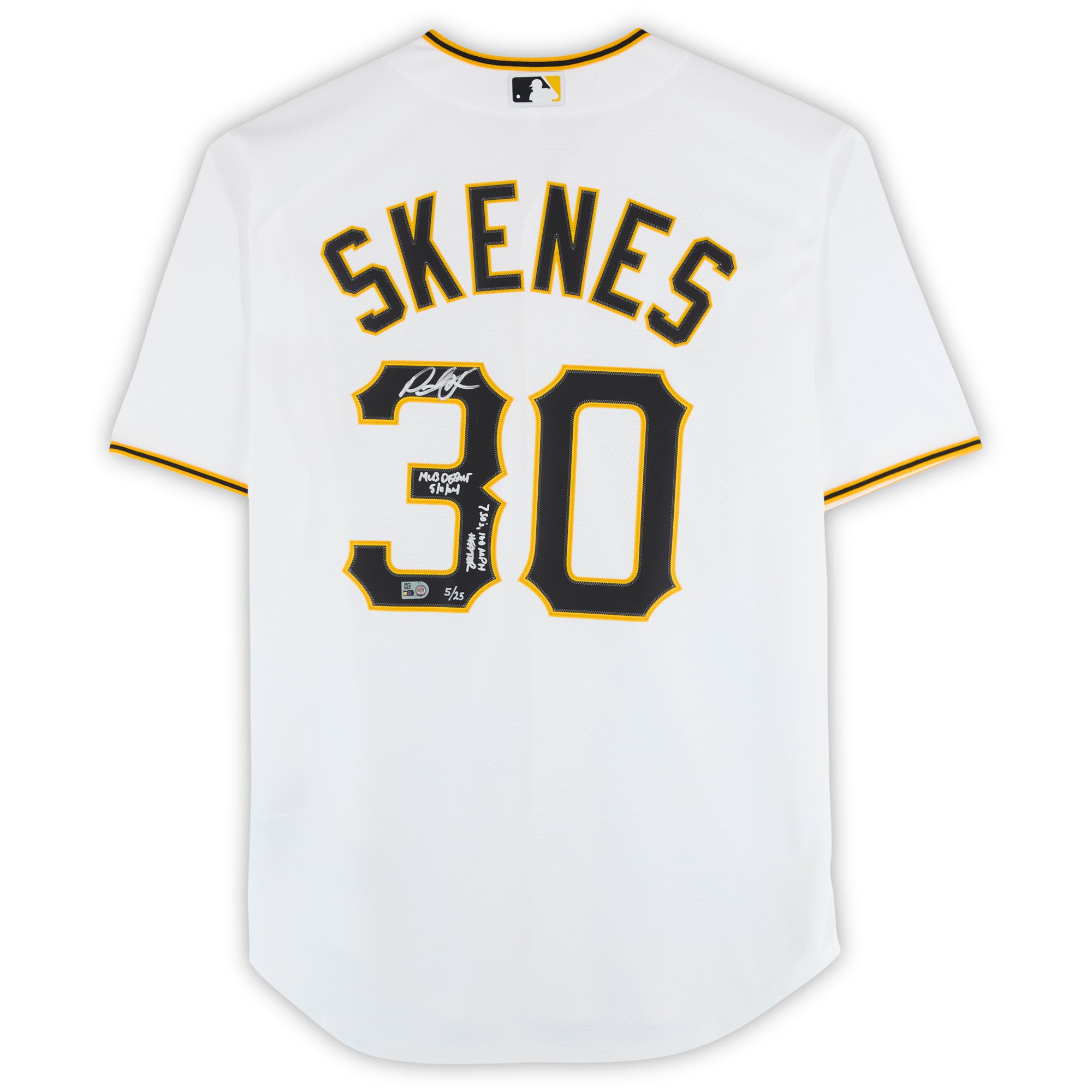 Maillot réplique blanc Nike autographié par Paul Skenes des Pirates de Pittsburgh, avec plusieurs inscriptions pour ses débuts en MLB - Édition limitée à 25 exemplaires