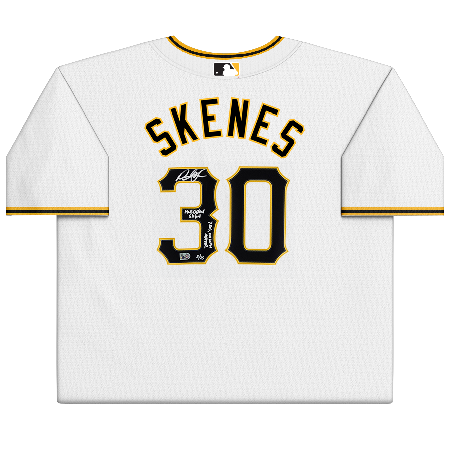 Maillot réplique blanc Nike autographié par Paul Skenes des Pirates de Pittsburgh, avec plusieurs inscriptions pour ses débuts en MLB - Édition limitée à 25 exemplaires
