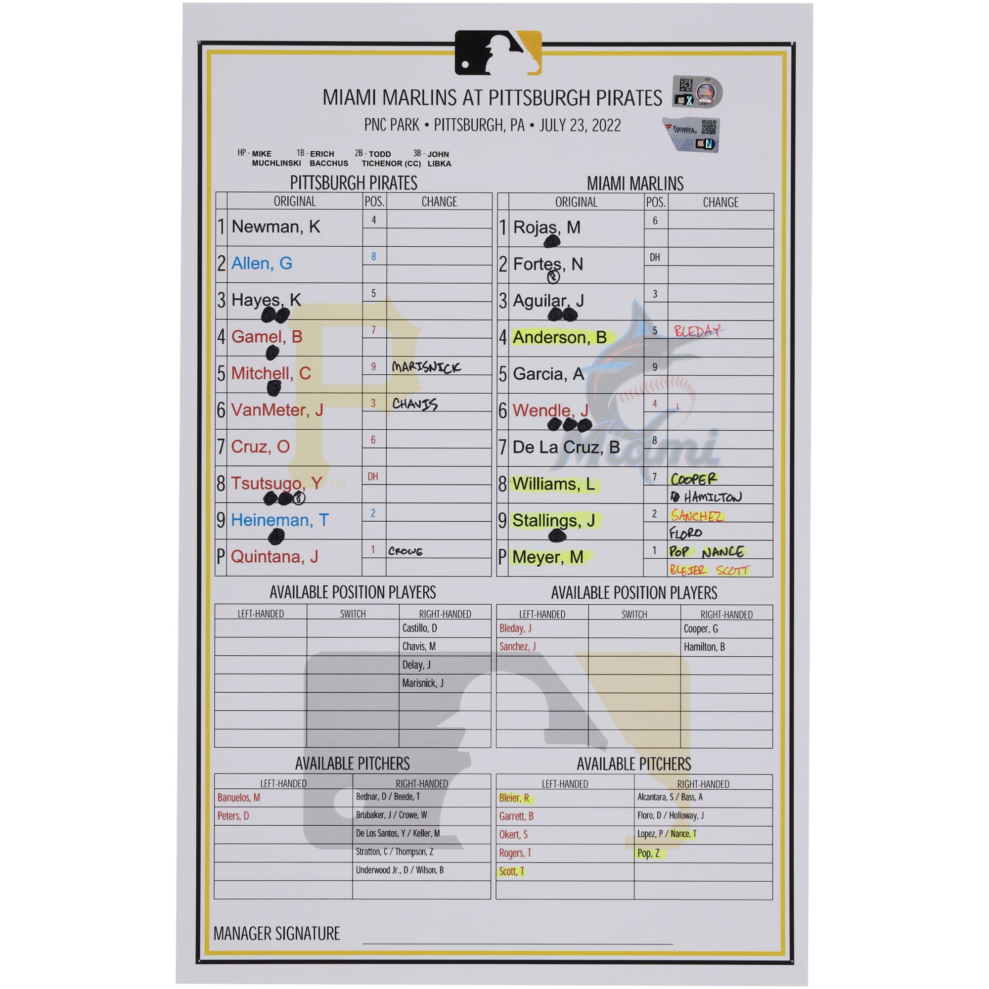 Pittsburgh Pirates Game-Used Lineup Card vs. Miami Marlins on July 23, 2022