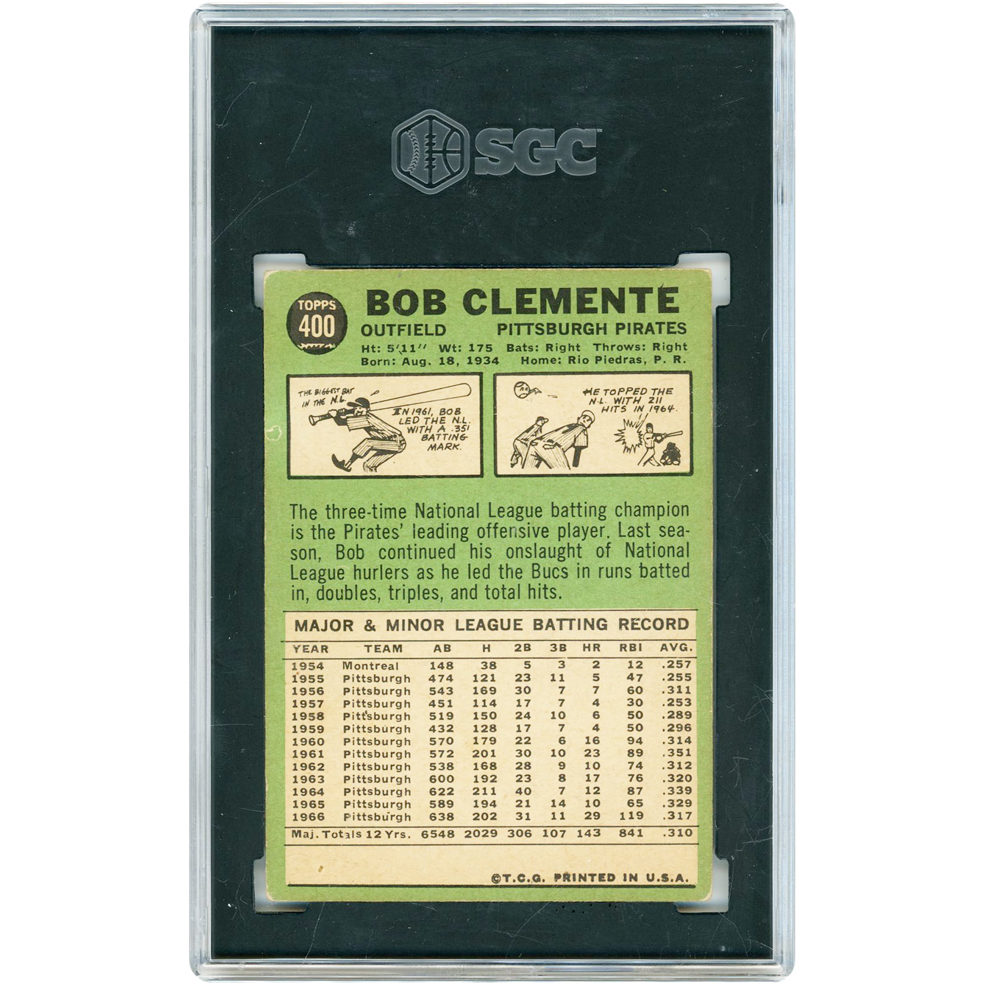 Carte Roberto Clemente des Pirates de Pittsburgh 1967 Topps n° 400, authentifiée par SGC (3 cartes)