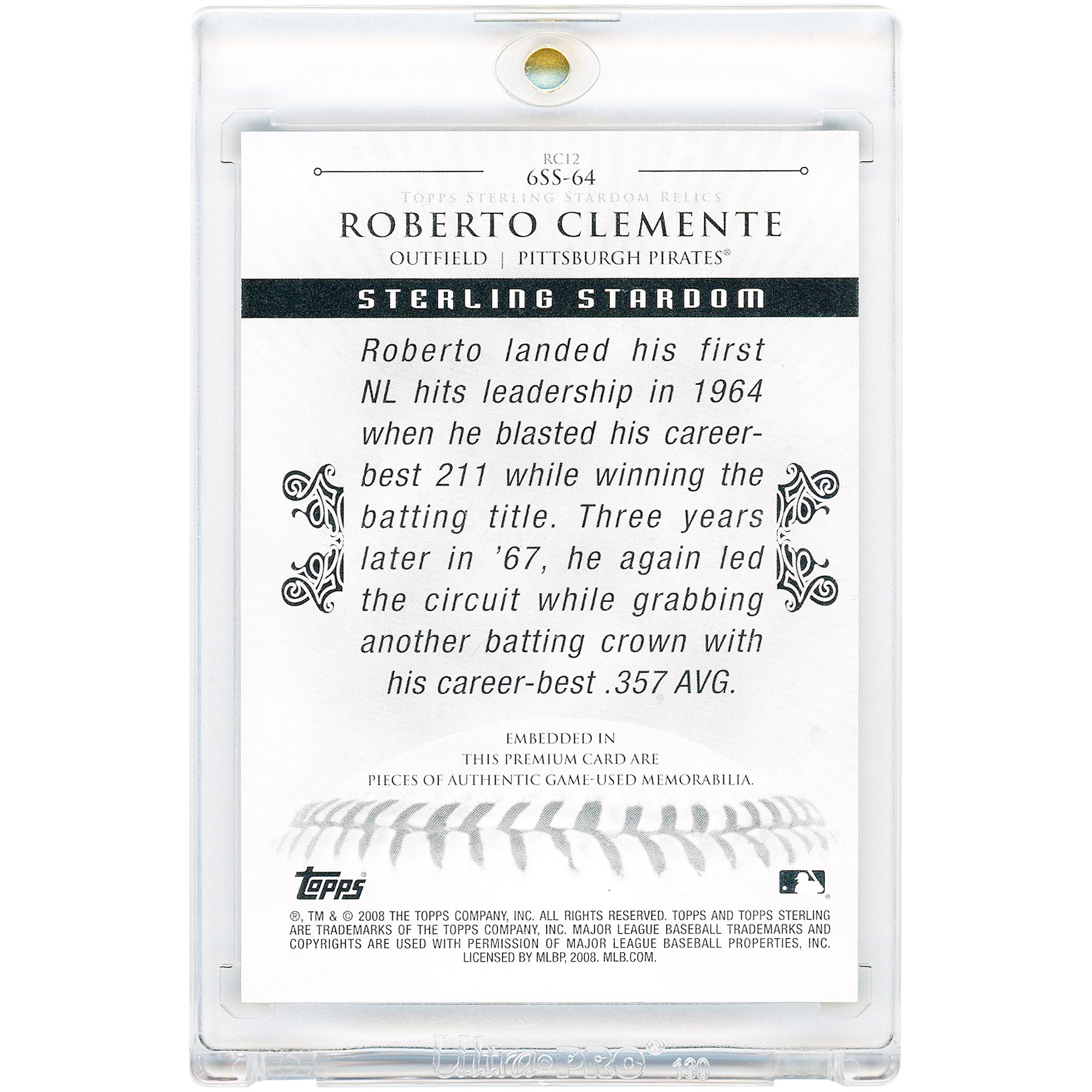 Roberto Clemente Pittsburgh Pirates 2008 Topps Sterling 6 Game Used Relics #6SS-64 #1/1 Card