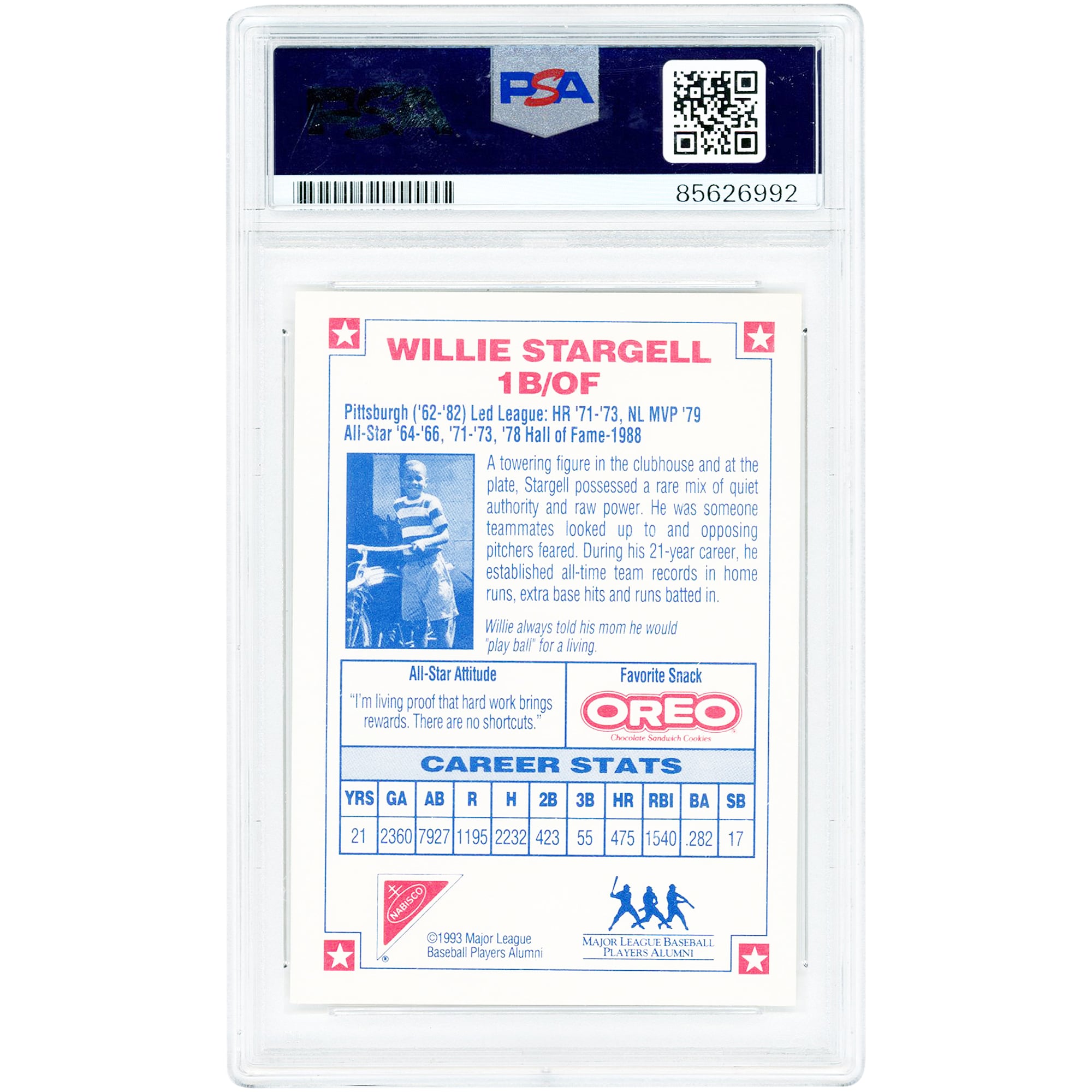 Carte authentifiée PSA #NNO de Willie Stargell, joueur des Pirates de Pittsburgh, signée par Nabisco en 1993.