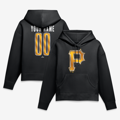 Pittsburgh Pirates Women's Metallic Mascot Personalized Name & Number Hoodie - Black
