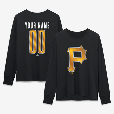 Pittsburgh Pirates Women's Metallic Mascot Personalized Name & Number Long Sleeve T-Shirt - Black