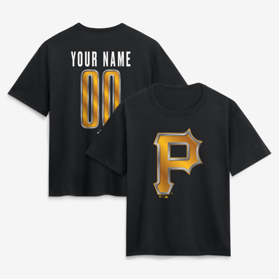 Pittsburgh Pirates Women's Metallic Mascot Personalized Name & Number T-Shirt - Black