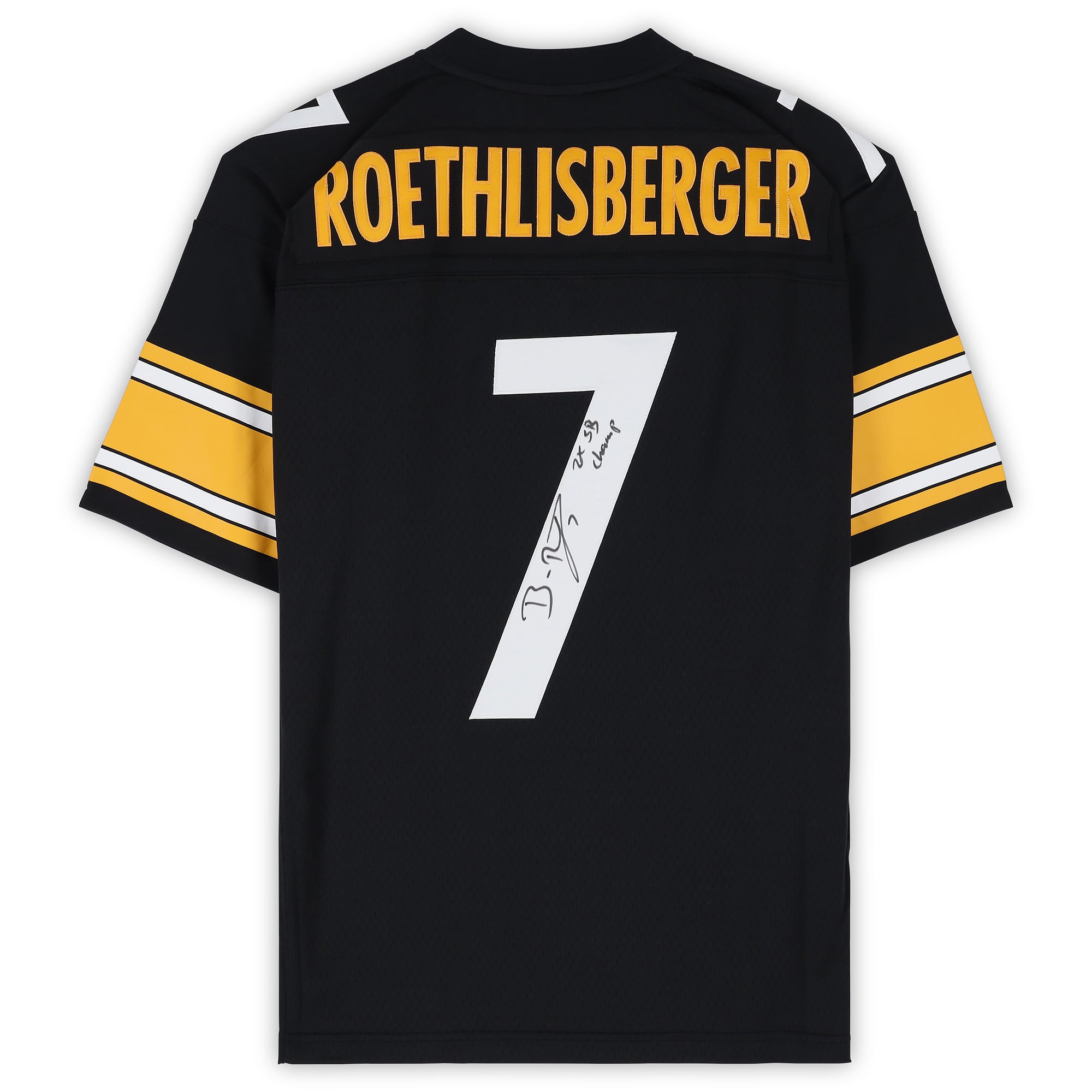 Maillot réplique noir Mitchell & Ness 2004 des Steelers de Pittsburgh, autographié par Ben Roethlisberger, avec inscription « 2x Champion du Super Bowl ».