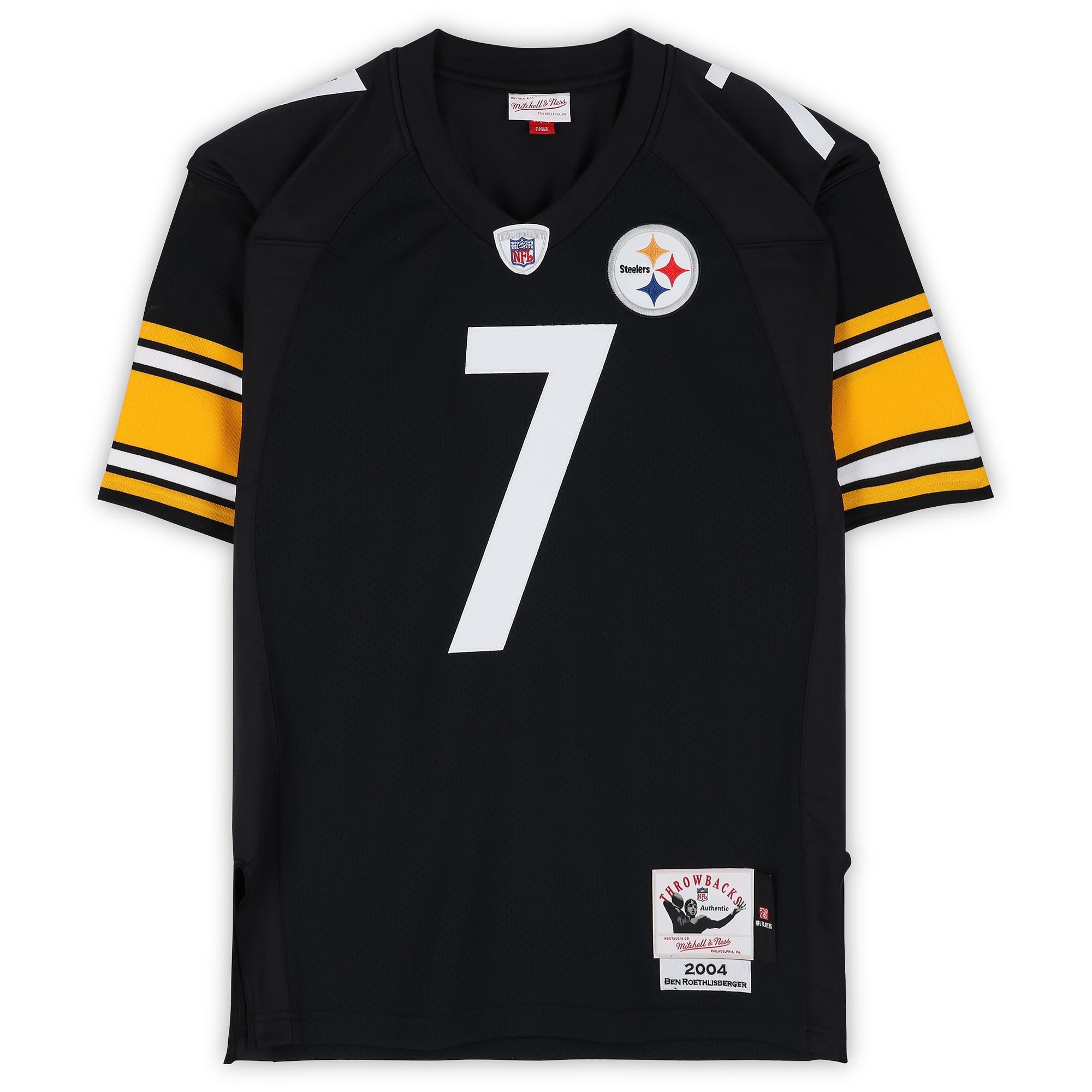 Maillot réplique noir Mitchell & Ness 2004 des Steelers de Pittsburgh, autographié par Ben Roethlisberger, avec inscription « 2x Champion du Super Bowl ».