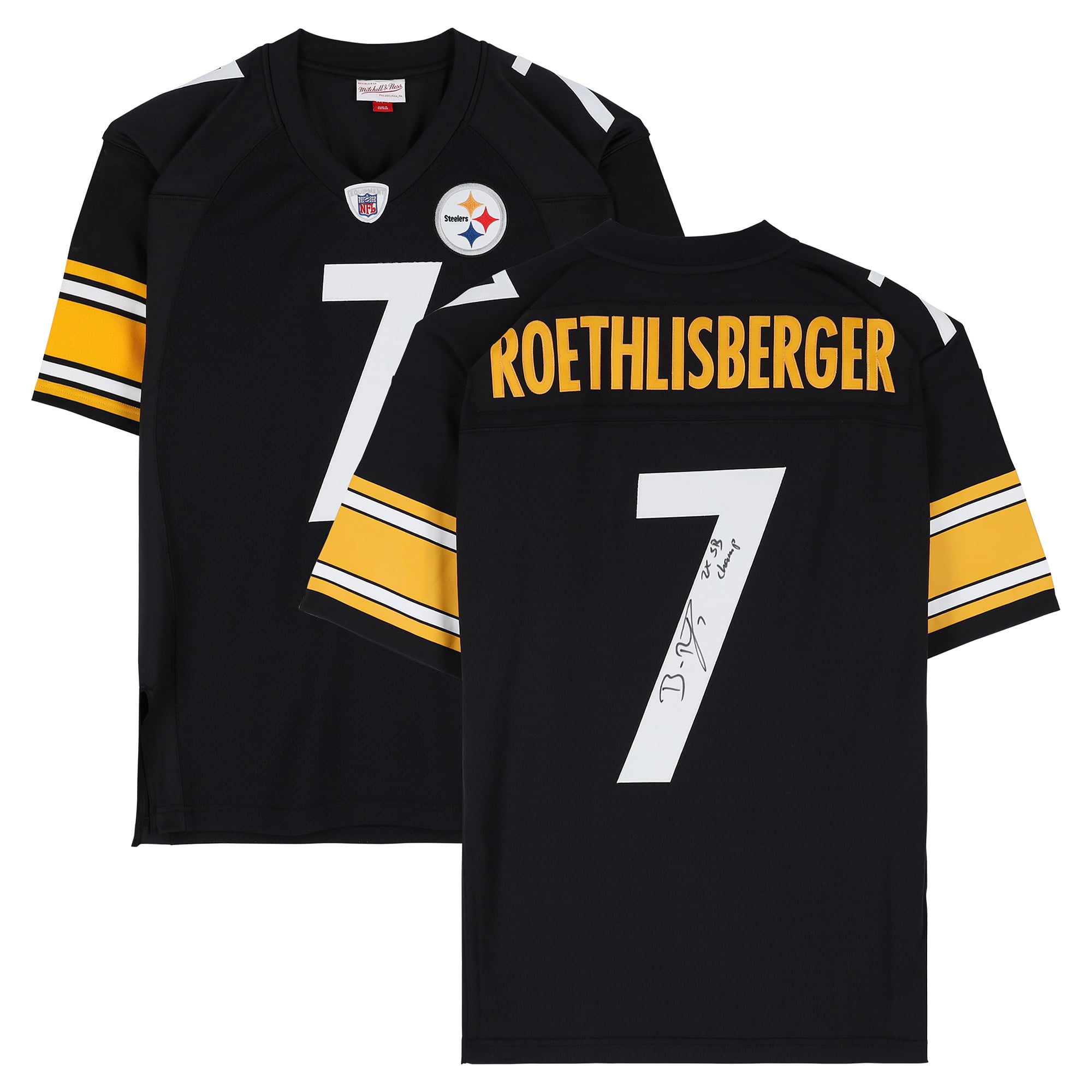 Maillot réplique noir Mitchell & Ness 2004 des Steelers de Pittsburgh, autographié par Ben Roethlisberger, avec inscription « 2x Champion du Super Bowl ».