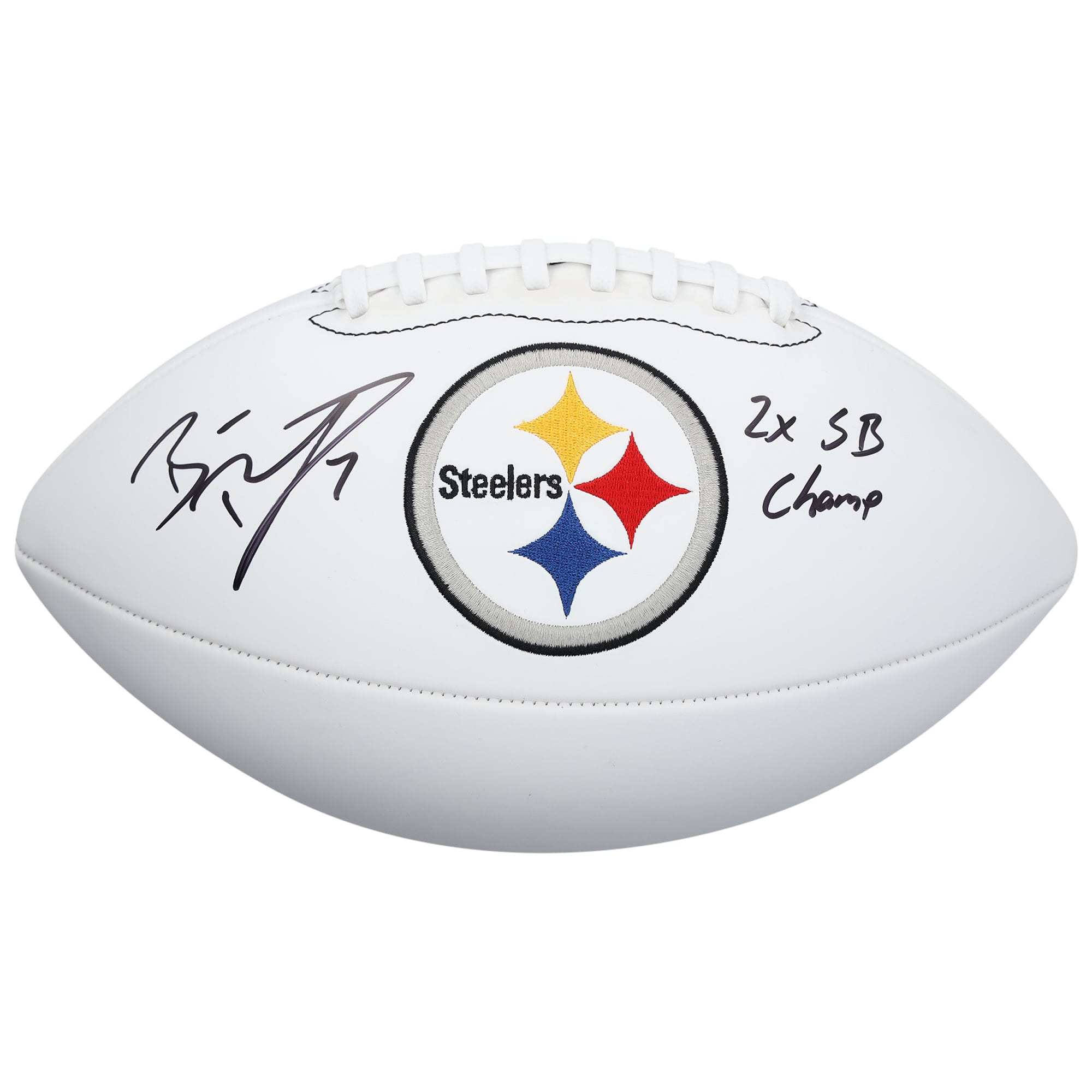 Ballon de football américain Wilson White Panel autographié par Ben Roethlisberger des Steelers de Pittsburgh avec inscription « 2x Champion du Super Bowl »