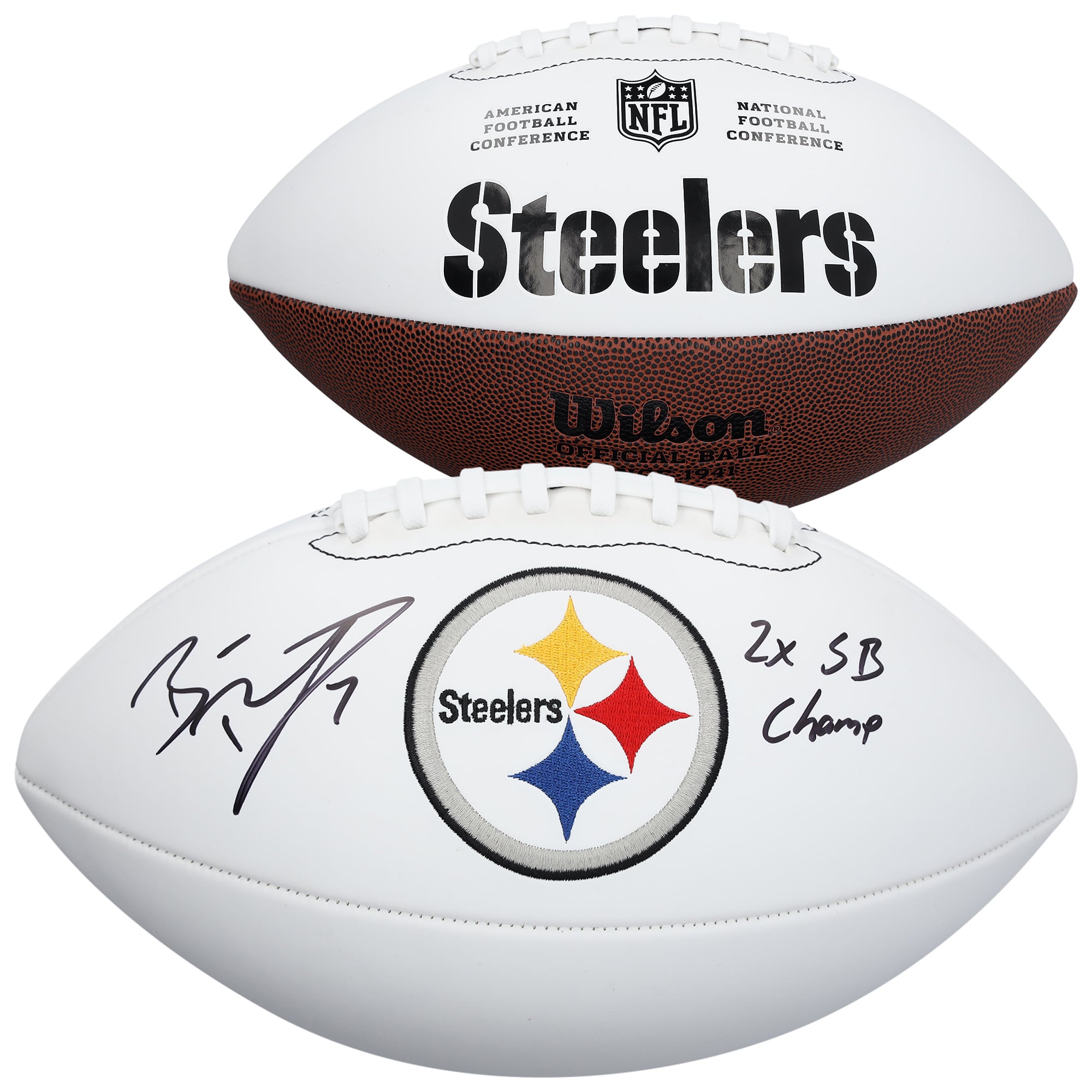 Ballon de football américain Wilson White Panel autographié par Ben Roethlisberger des Steelers de Pittsburgh avec inscription « 2x Champion du Super Bowl »