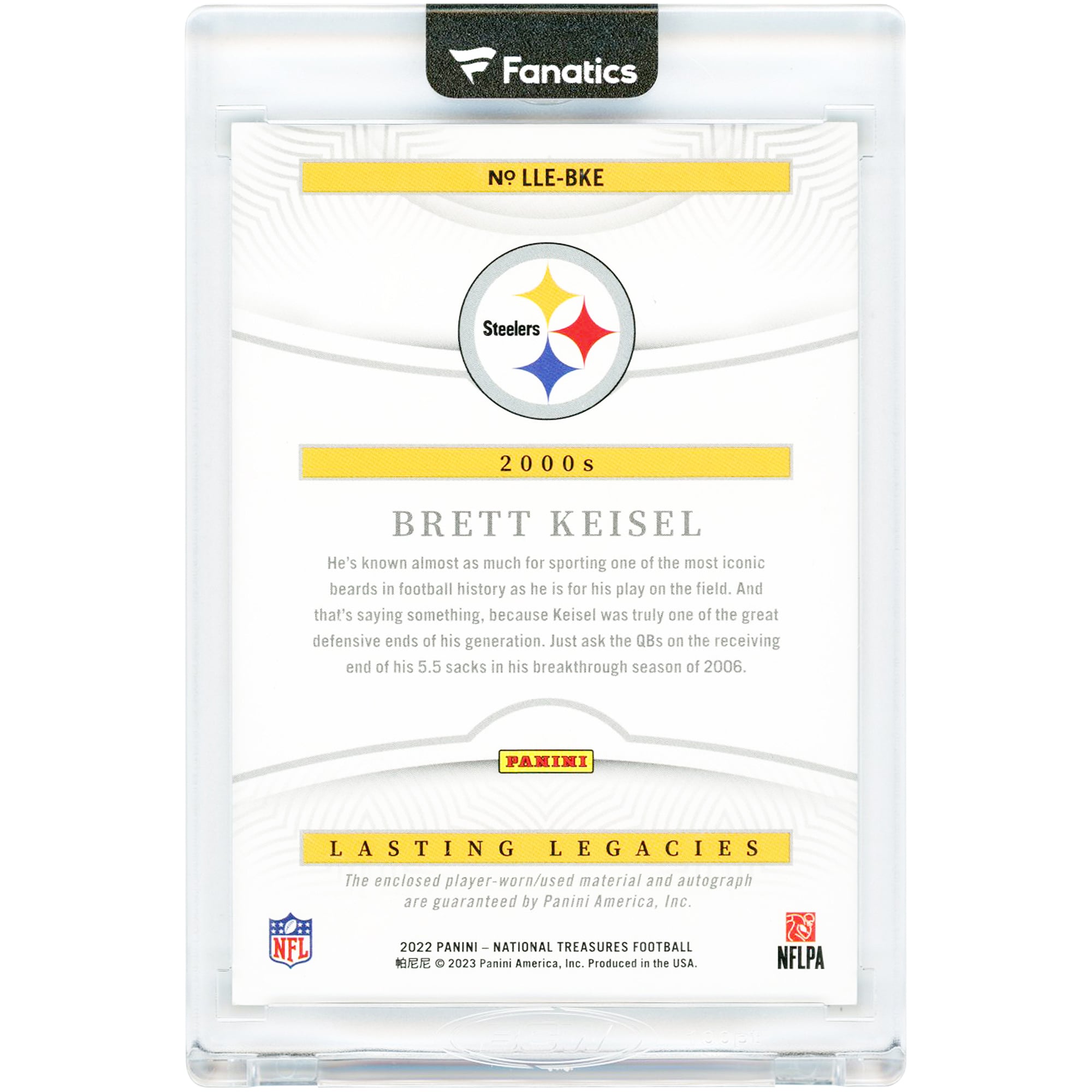 Brett Keisel Pittsburgh Steelers Autographed 2022 Panini National Treasures Lasting Legacies Jersey Relic #LLE-BKE #53/99 Card