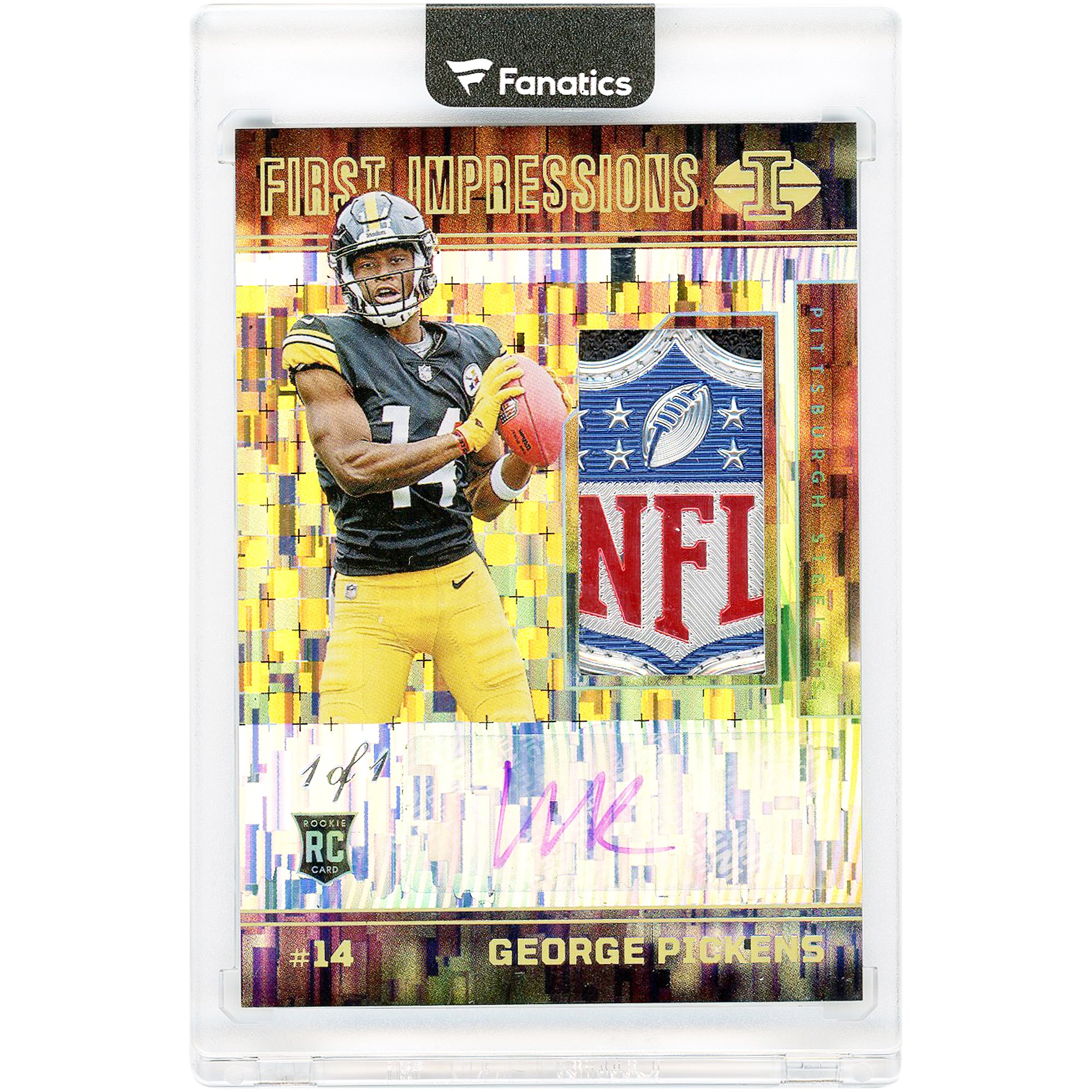 Carte de recrue autographiée de George Pickens (Pittsburgh Steelers) - Panini Illusions NFL Shield Relic 2022, encre violette, n° 115, n° 1/1