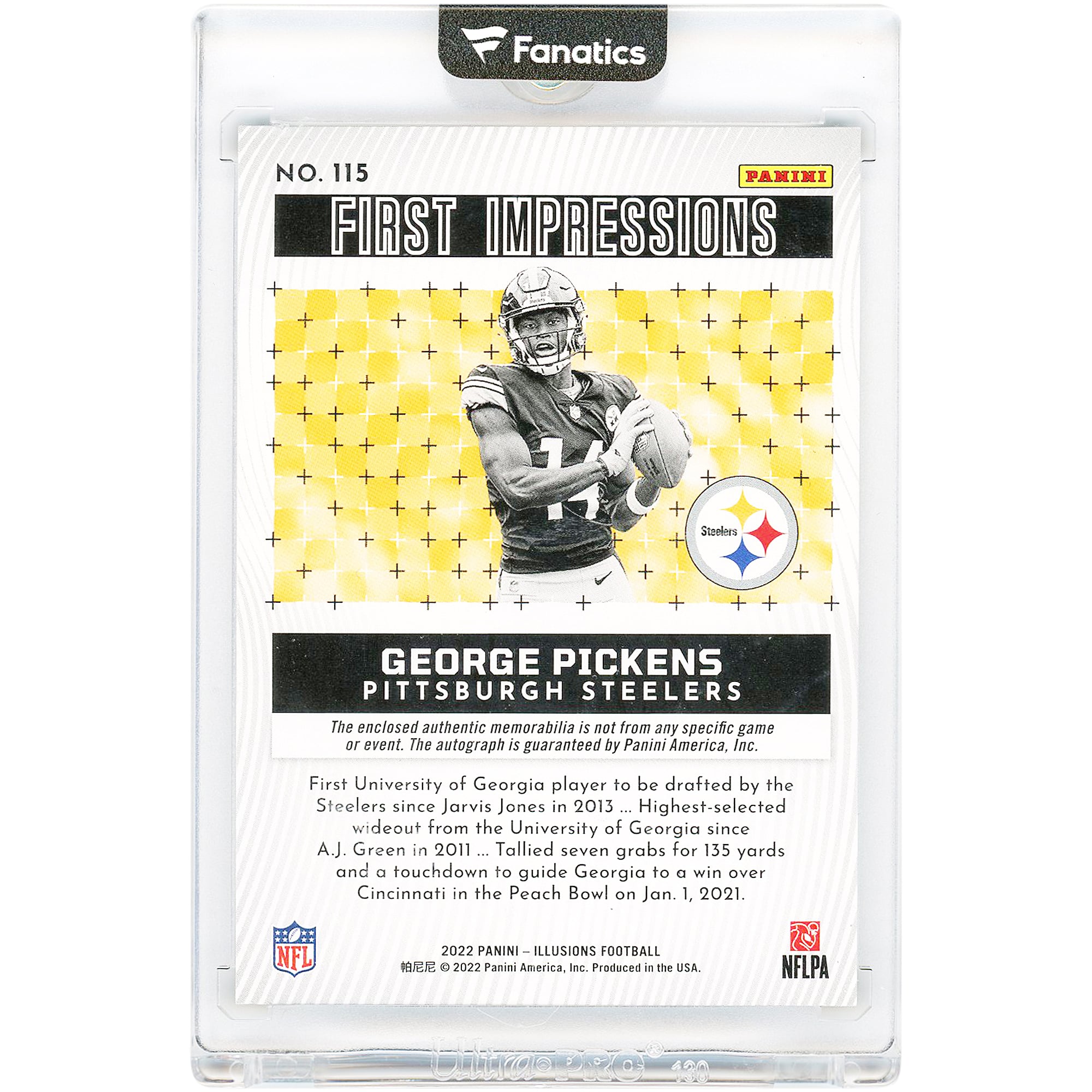 Carte de recrue autographiée de George Pickens (Pittsburgh Steelers) - Panini Illusions NFL Shield Relic 2022, encre violette, n° 115, n° 1/1