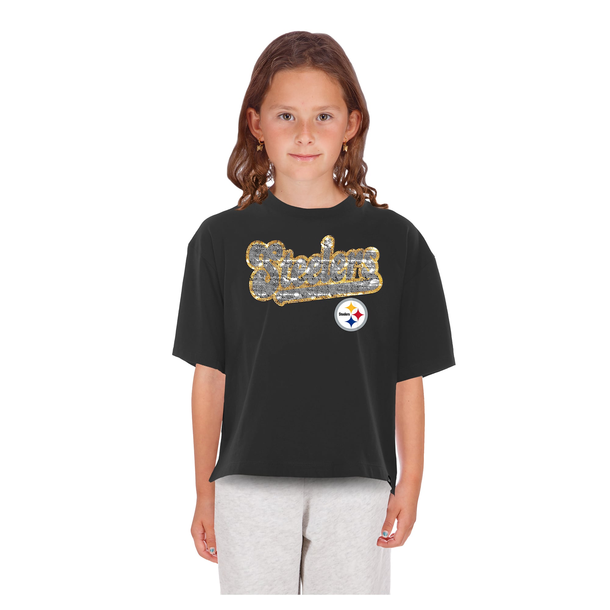Girls Youth New Era Black Pittsburgh Steelers Flip Sequin Boxy T-Shirt