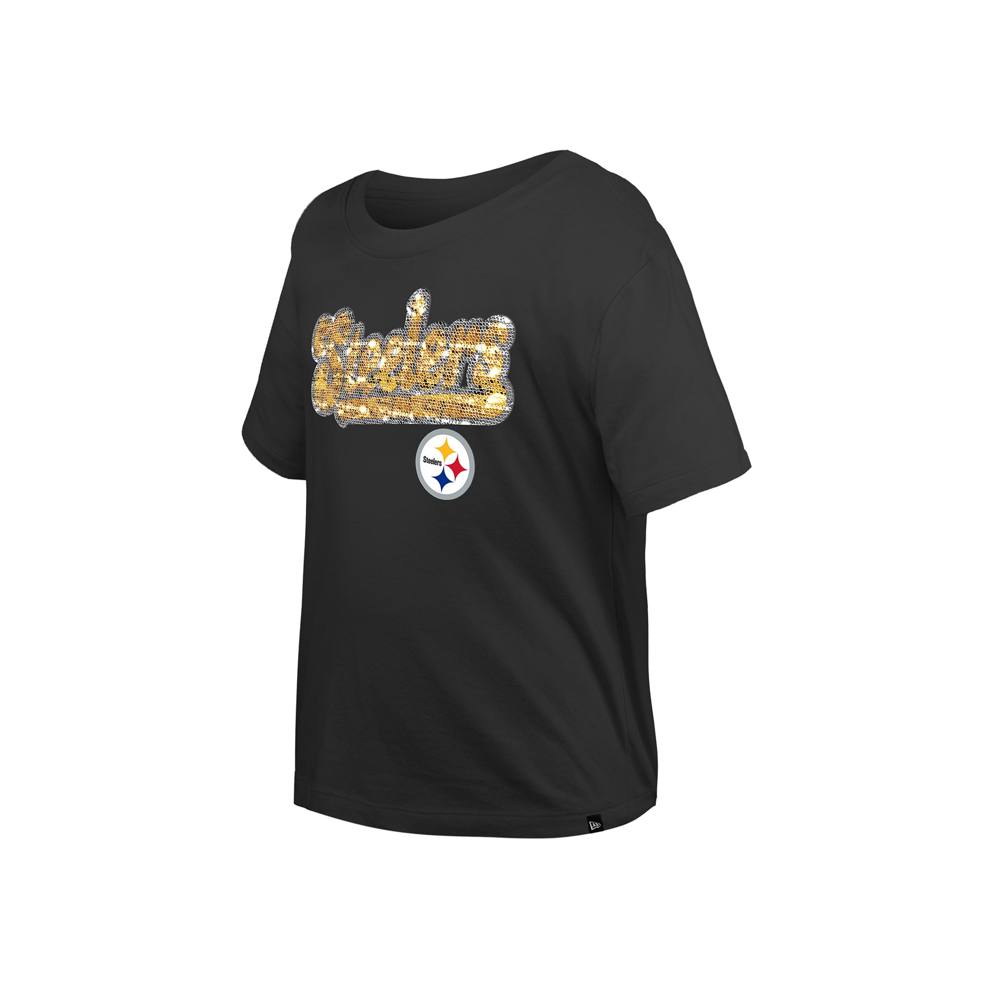 Girls Youth New Era Black Pittsburgh Steelers Flip Sequin Boxy T-Shirt