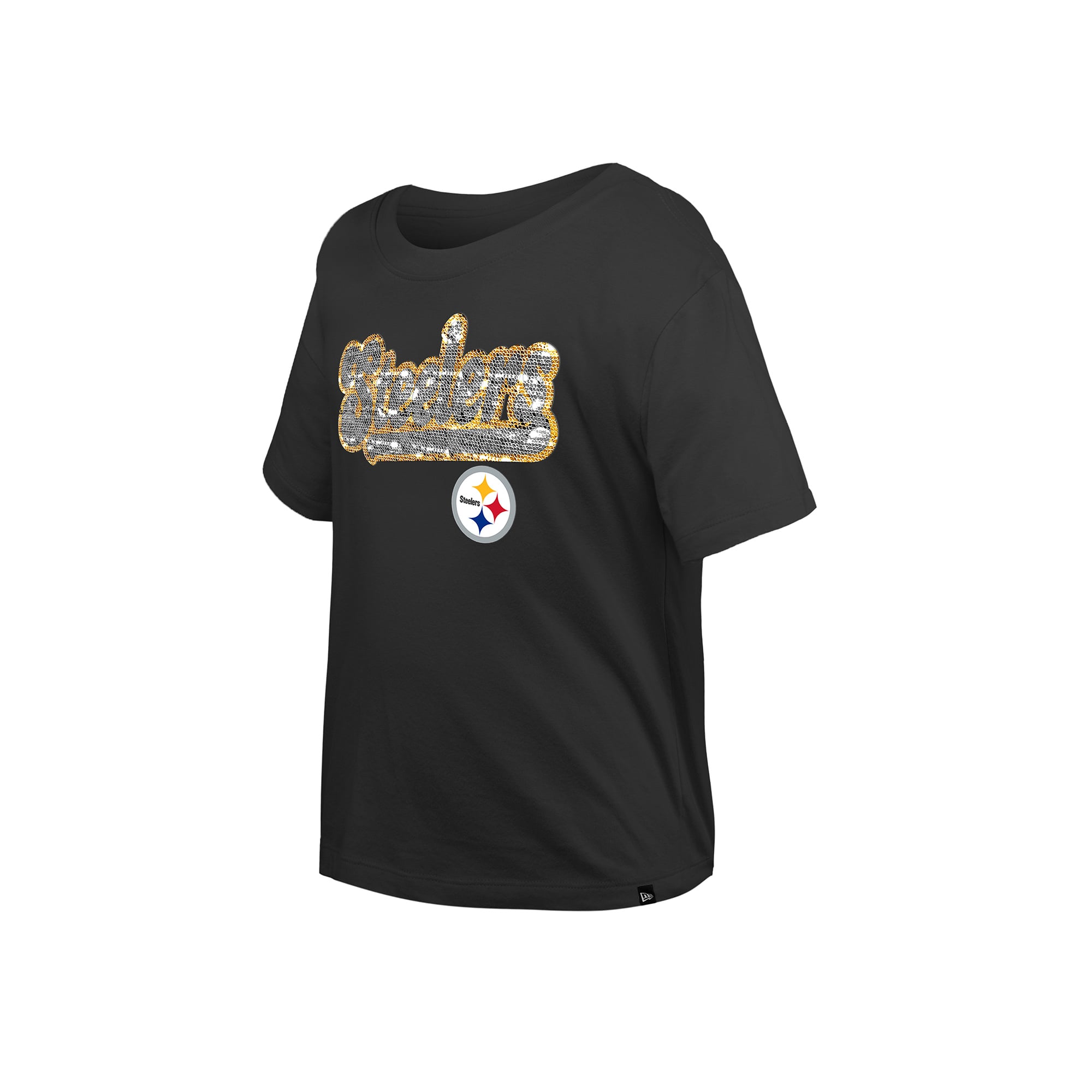 Girls Youth New Era Black Pittsburgh Steelers Flip Sequin Boxy T-Shirt