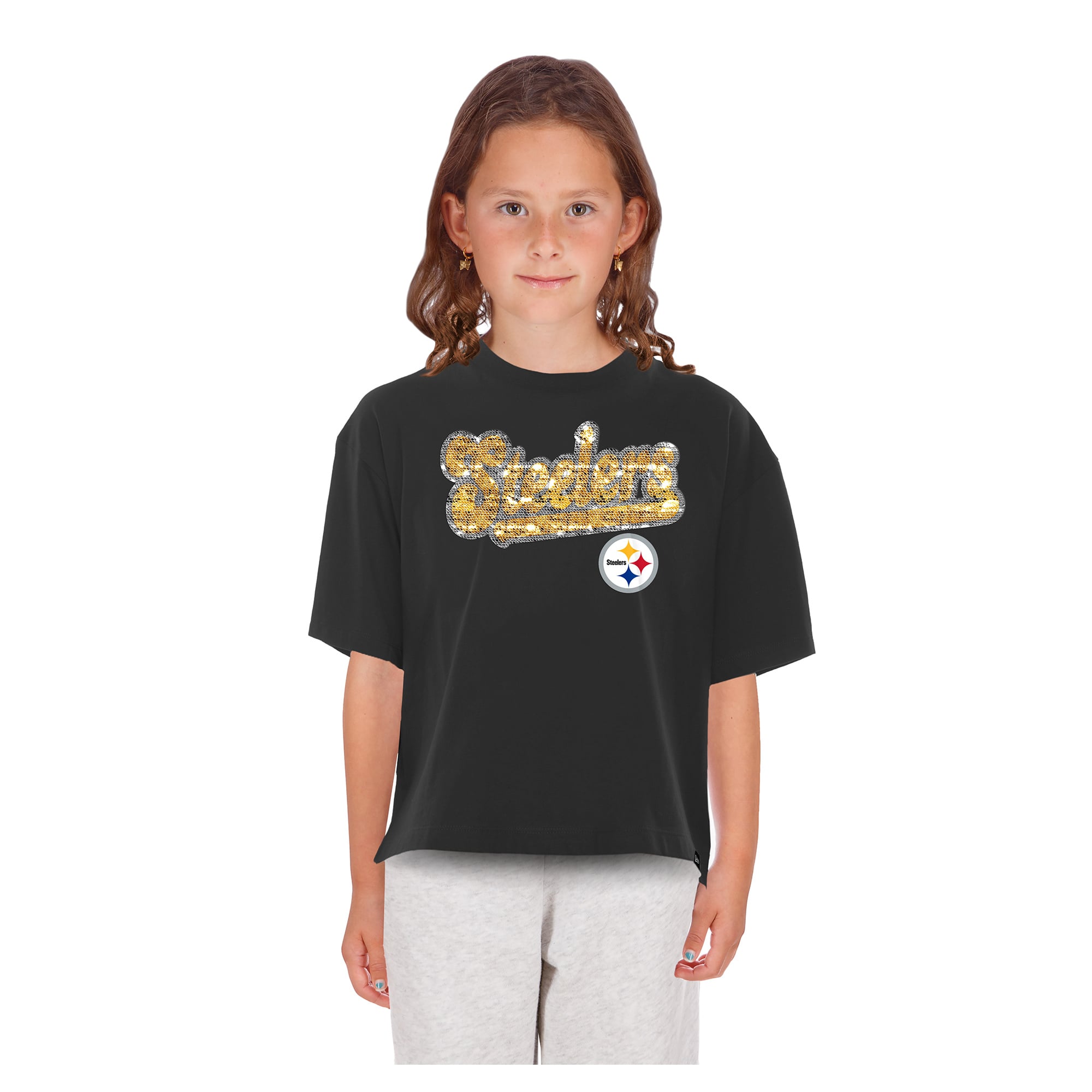 Girls Youth New Era Black Pittsburgh Steelers Flip Sequin Boxy T-Shirt