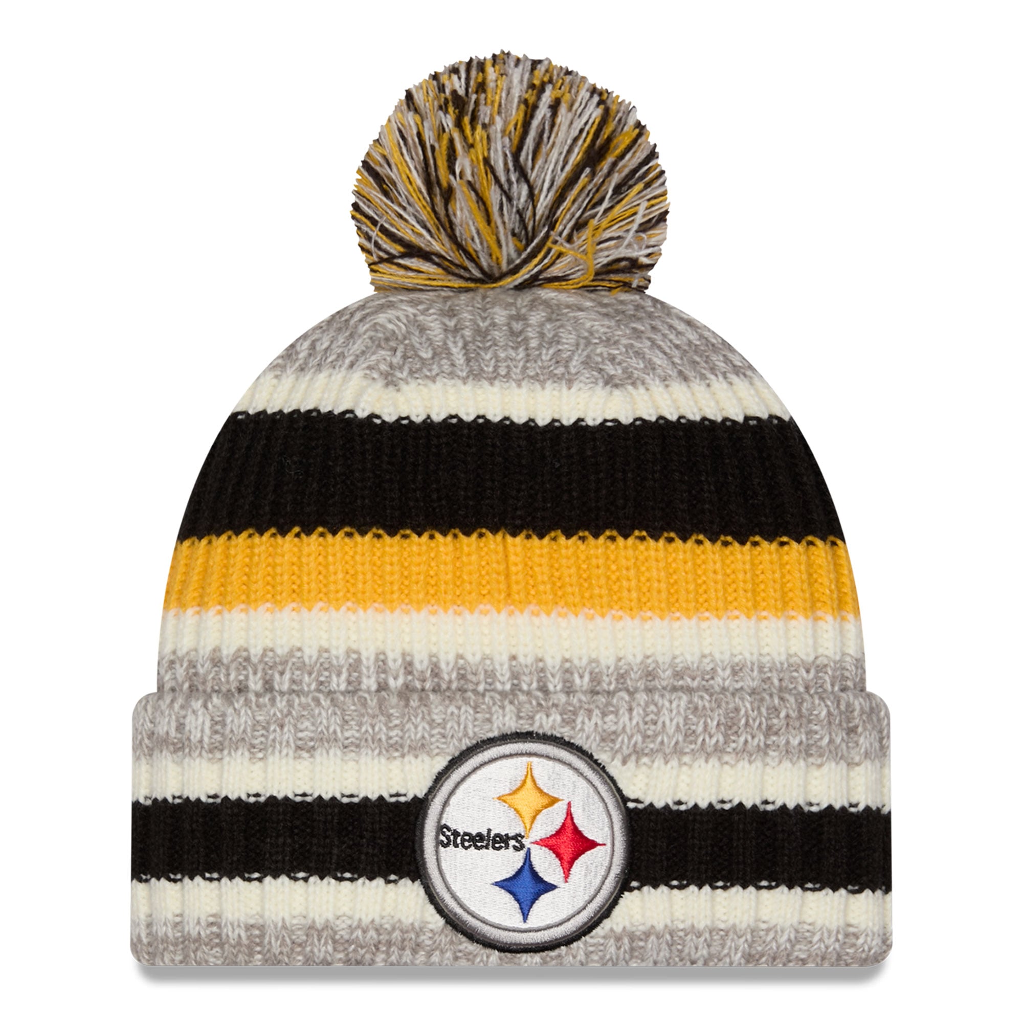 Bonnet à revers rayé Pittsburgh Steelers noir/beige New Era pour fille avec pompon
