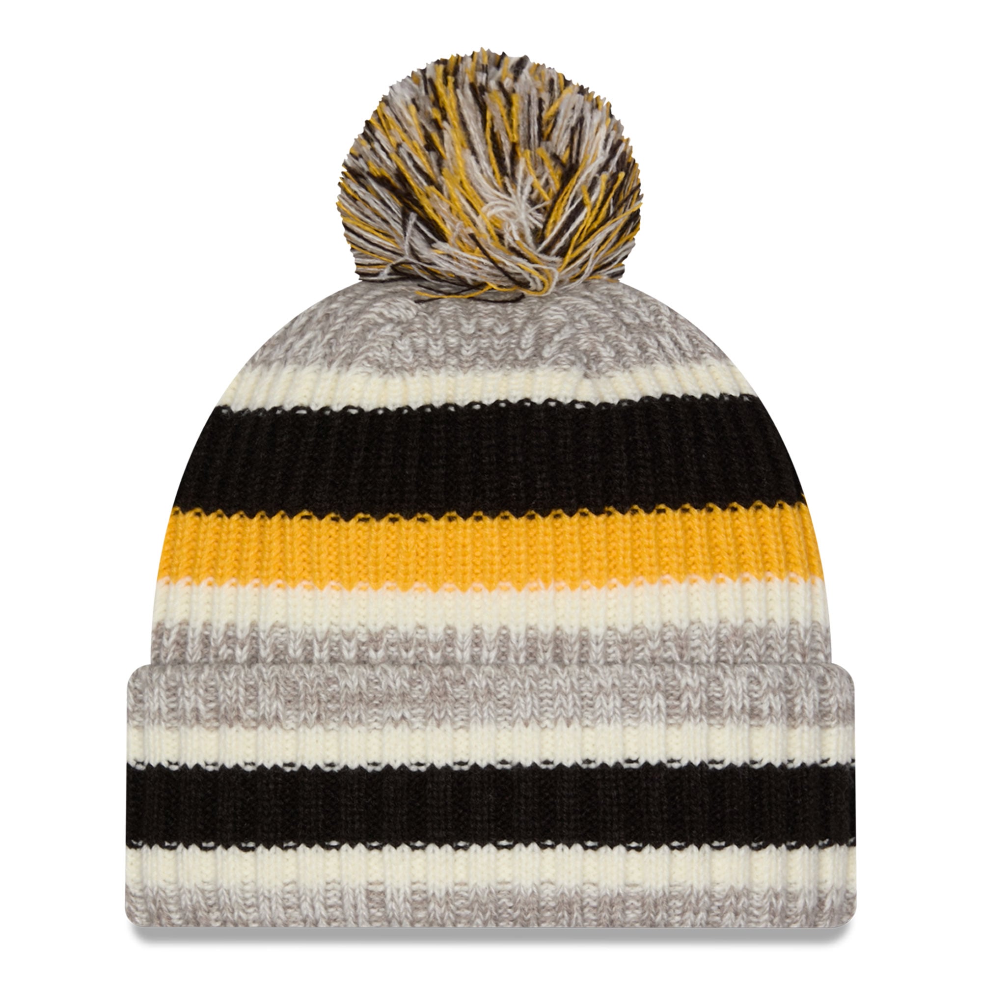 Bonnet à revers rayé Pittsburgh Steelers noir/beige New Era pour fille avec pompon