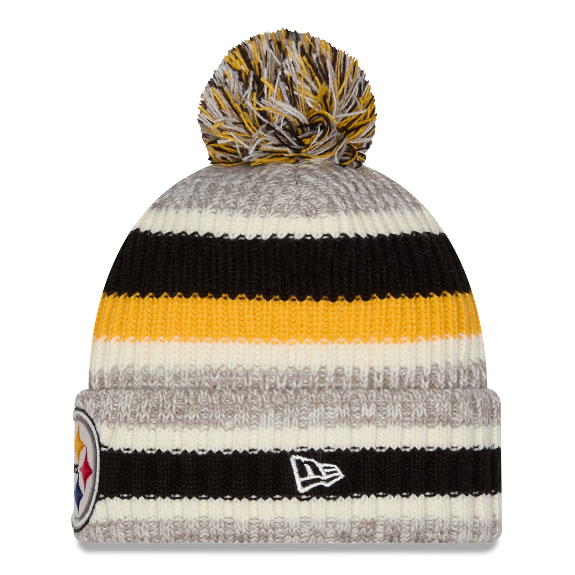 Bonnet à revers rayé Pittsburgh Steelers noir/beige New Era pour fille avec pompon