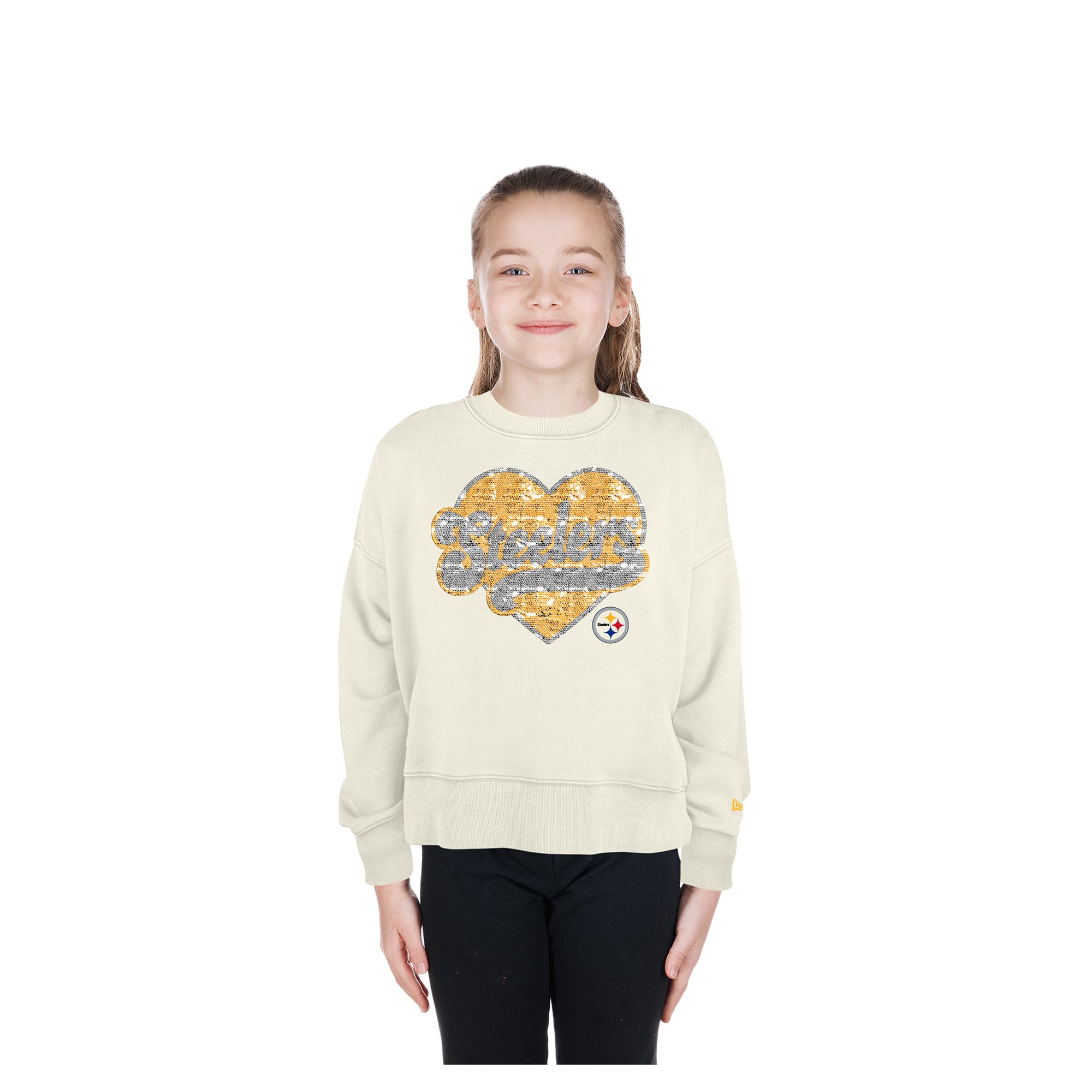 Sweat-shirt à col rond sequins réversibles New Era beige clair Pittsburgh Steelers pour filles