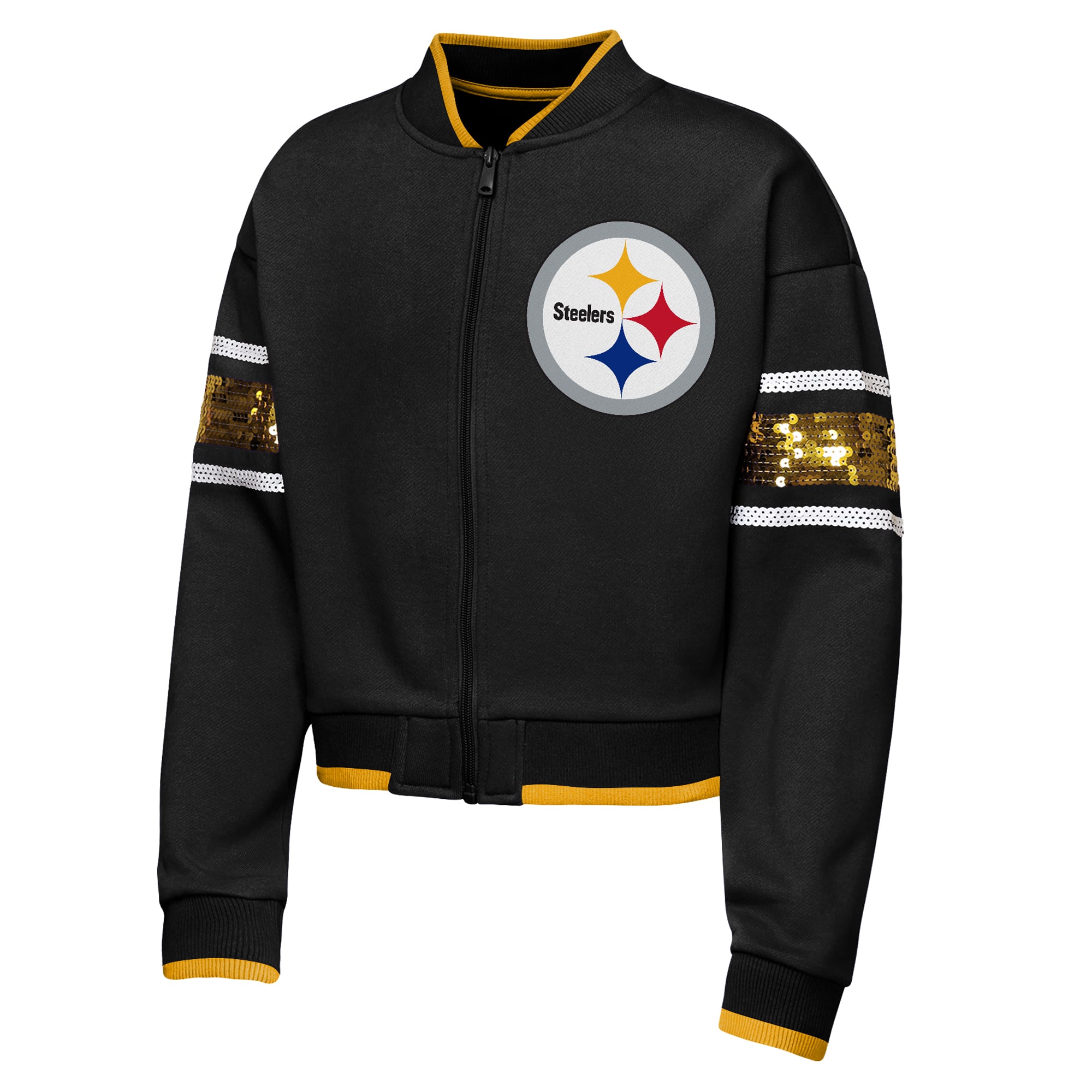 Girls Youth Outerstuff Black Pittsburgh Steelers MVP Full-Zip Sequin Bomber Jacket
