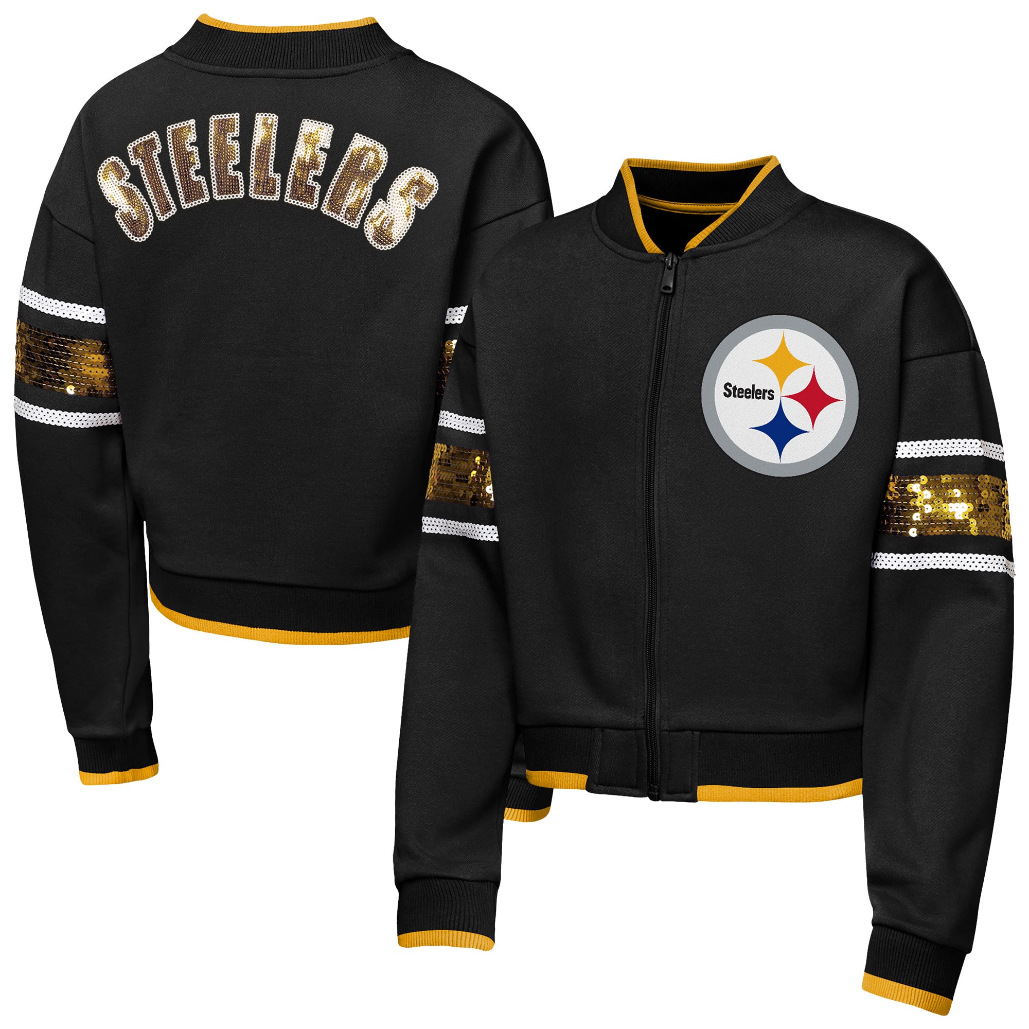 Girls Youth Outerstuff Black Pittsburgh Steelers MVP Full-Zip Sequin Bomber Jacket
