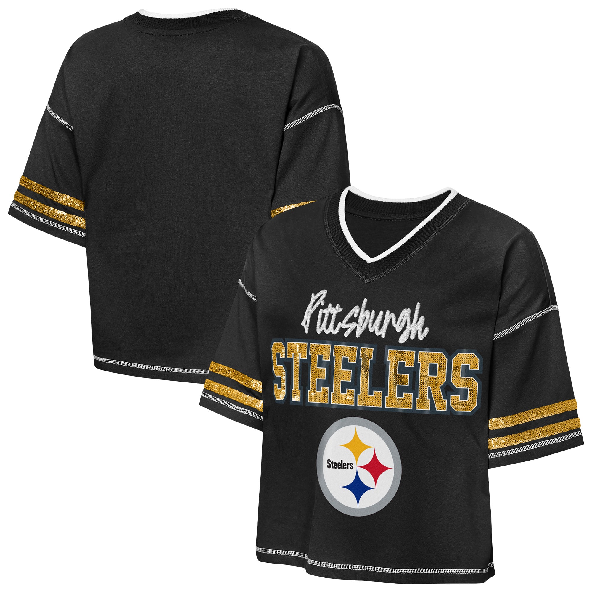 Girls Youth Outerstuff Black Pittsburgh Steelers Toe Tap Sequin T-Shirt