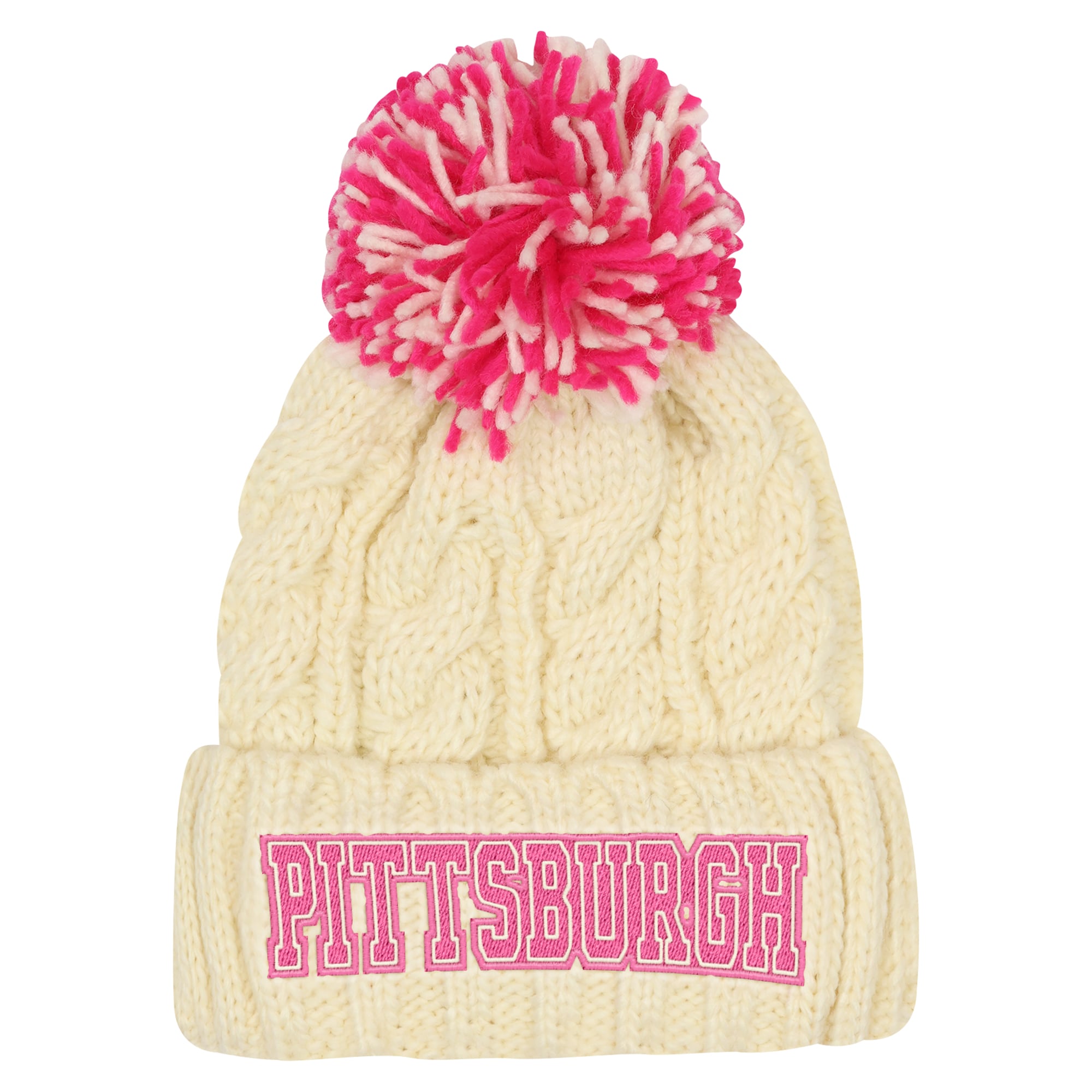 Girls Youth Outerstuff Cream Pittsburgh Steelers Cable Cuffed Knit Hat with Pom