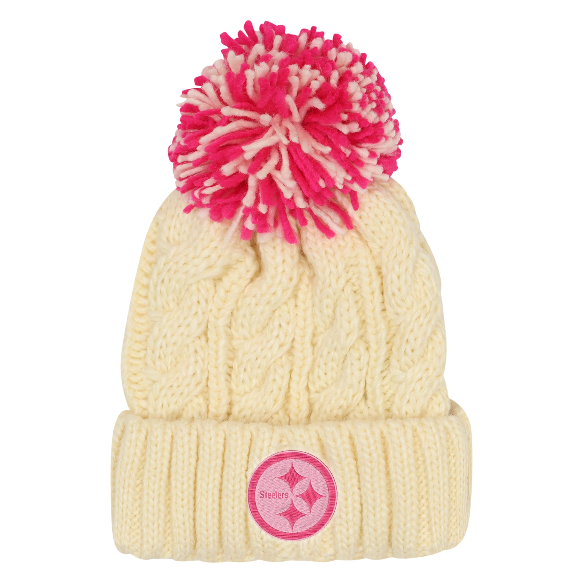 Girls Youth Outerstuff Cream Pittsburgh Steelers Cable Cuffed Knit Hat with Pom