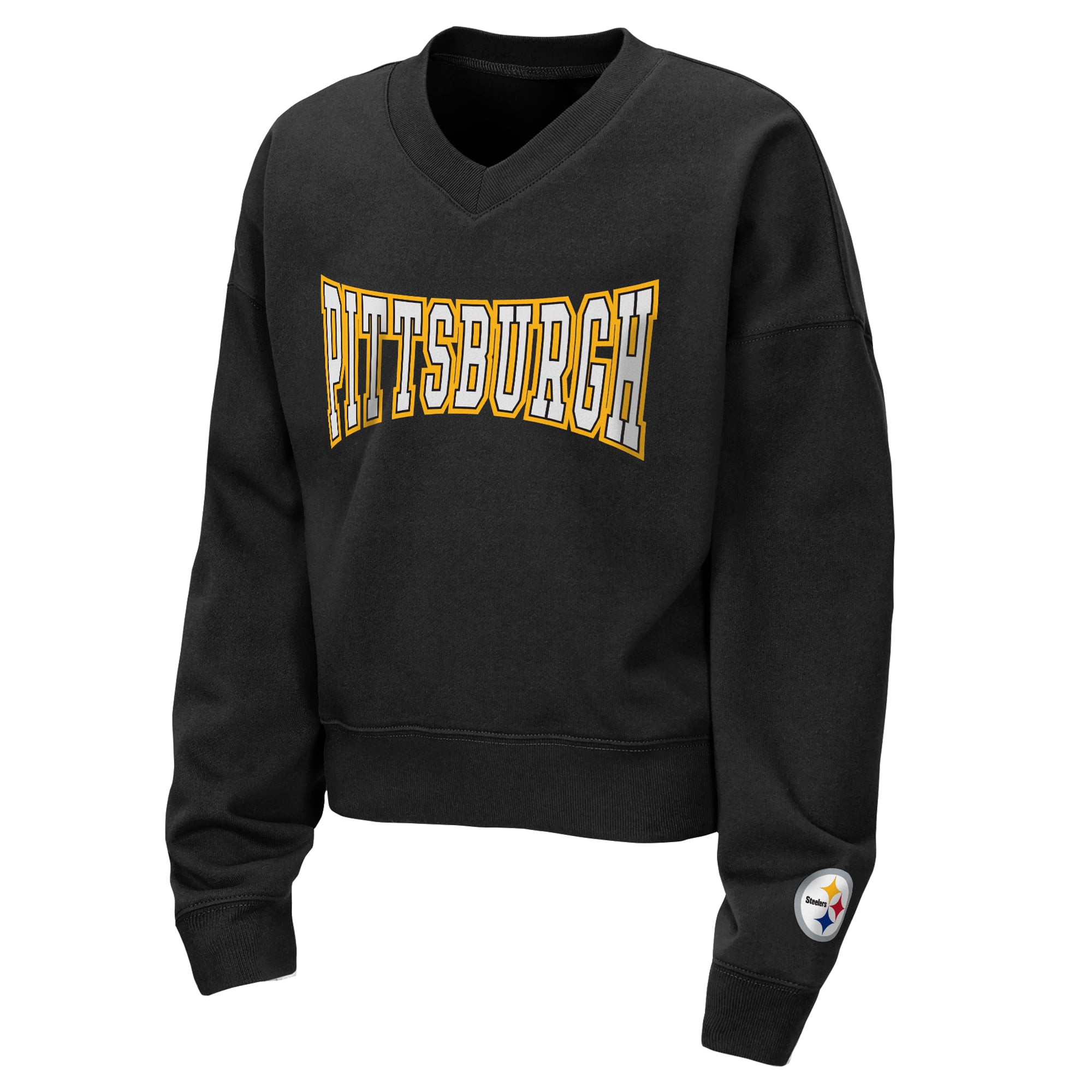 Ensemble sweat-shirt et short Pittsburgh Steelers Red Zone en polaire noire à col V, par Erin Andrews, pour jeunes filles.