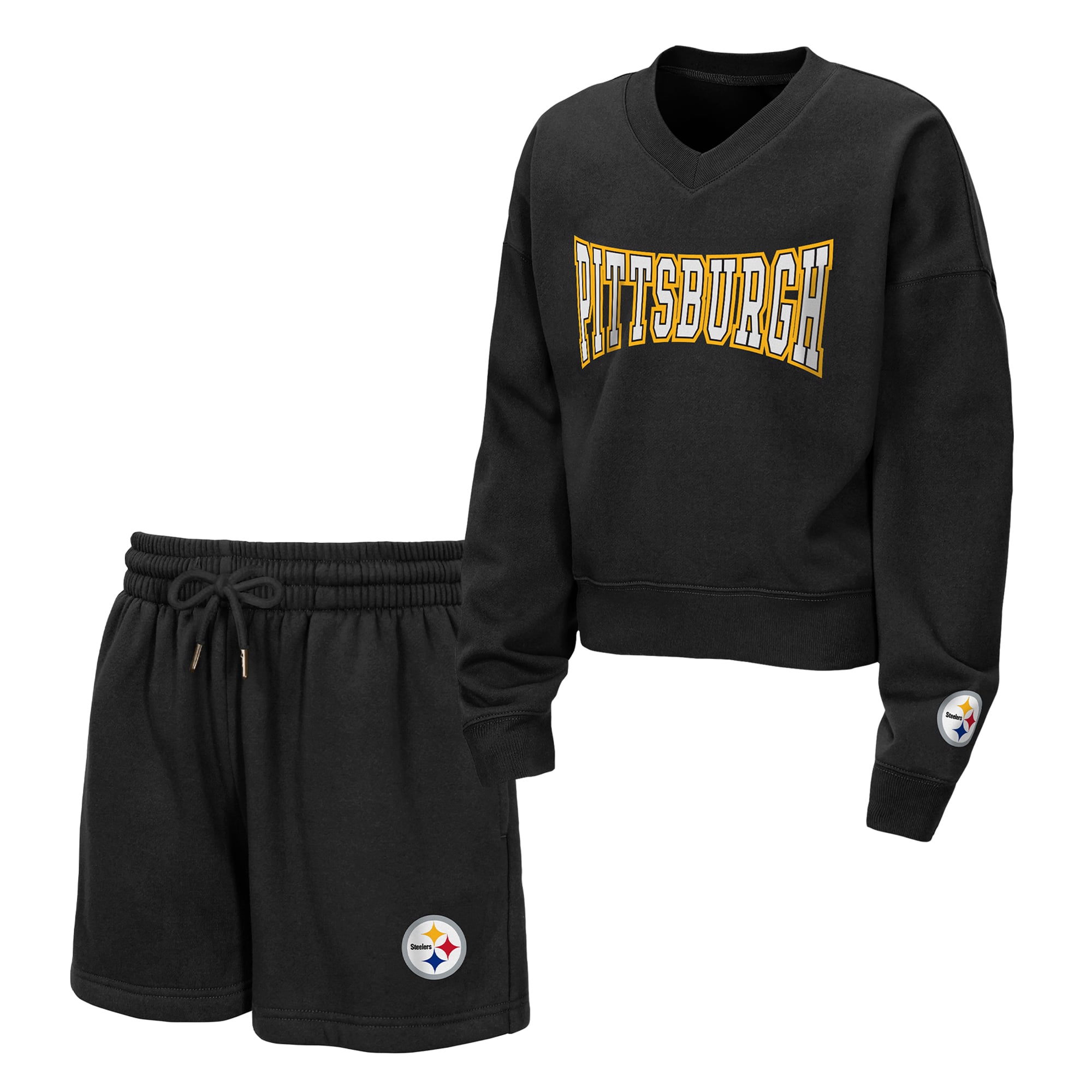 Ensemble sweat-shirt et short Pittsburgh Steelers Red Zone en polaire noire à col V, par Erin Andrews, pour jeunes filles.
