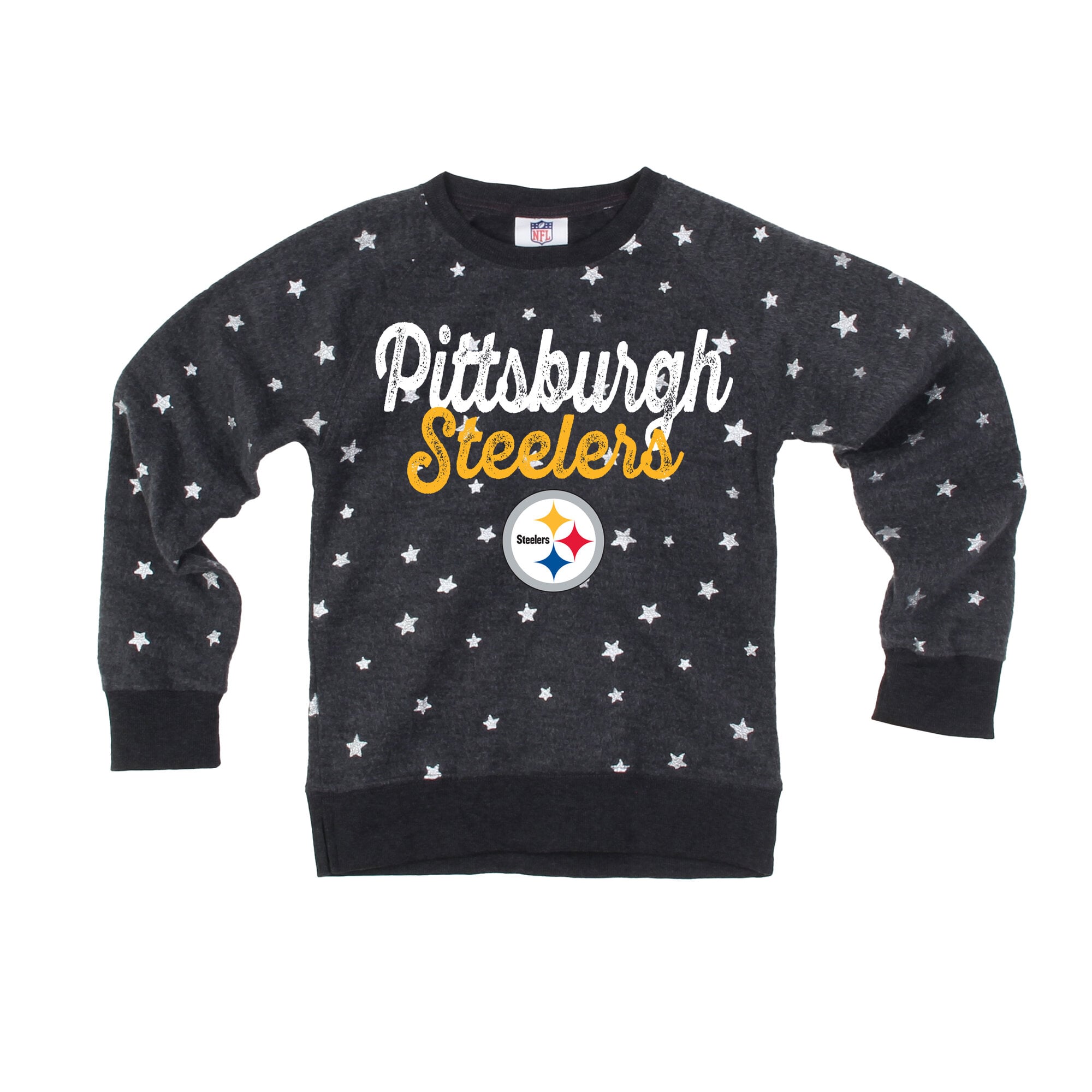 Girls Youth Wes & Willy  Black Pittsburgh Steelers Shimmer Star Reverse Sweatshirt
