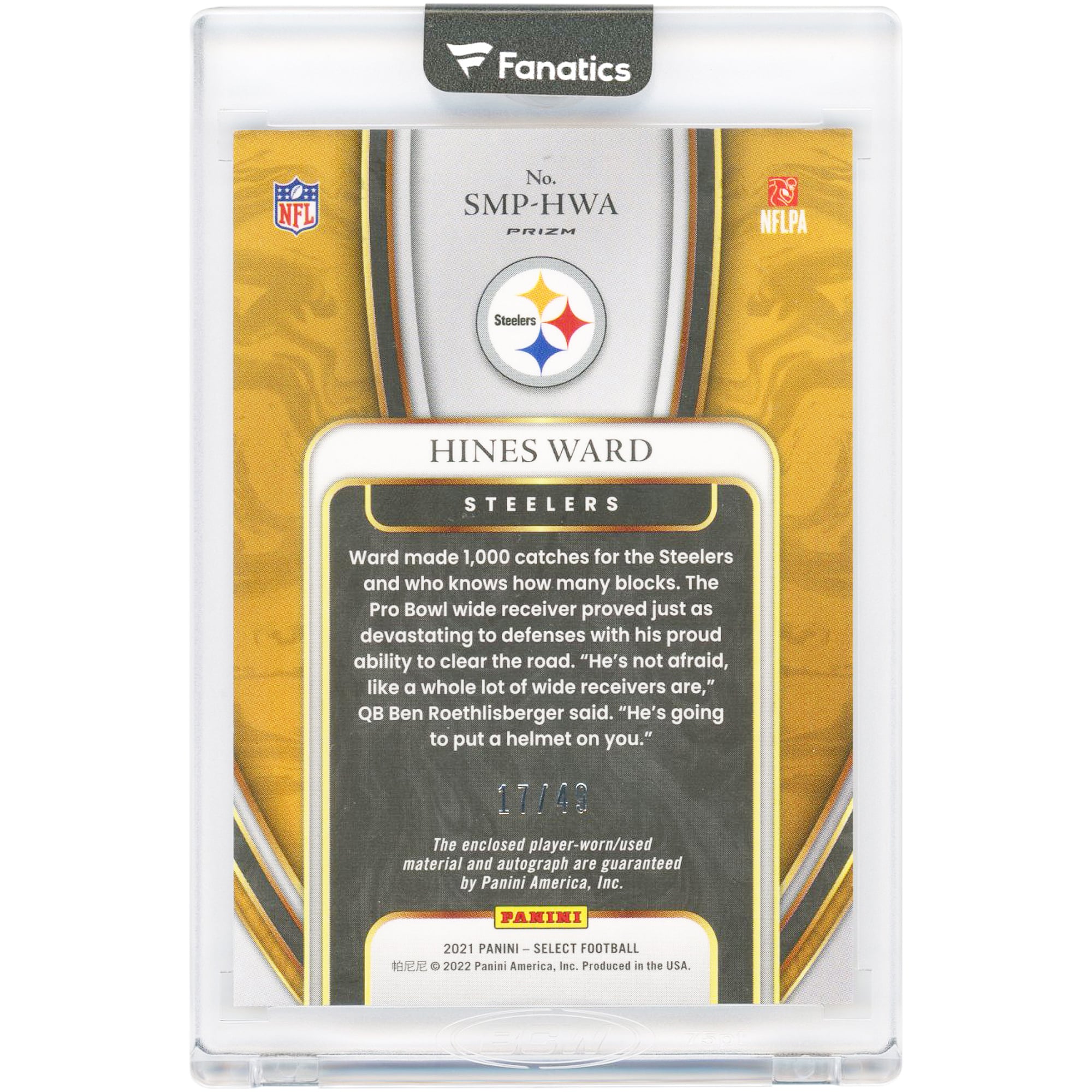 Carte Panini Select Signature Memorabilia 2021 autographiée par Hines Ward des Steelers de Pittsburgh (Relic Purple Prizm #SMP-HWA #17/49)