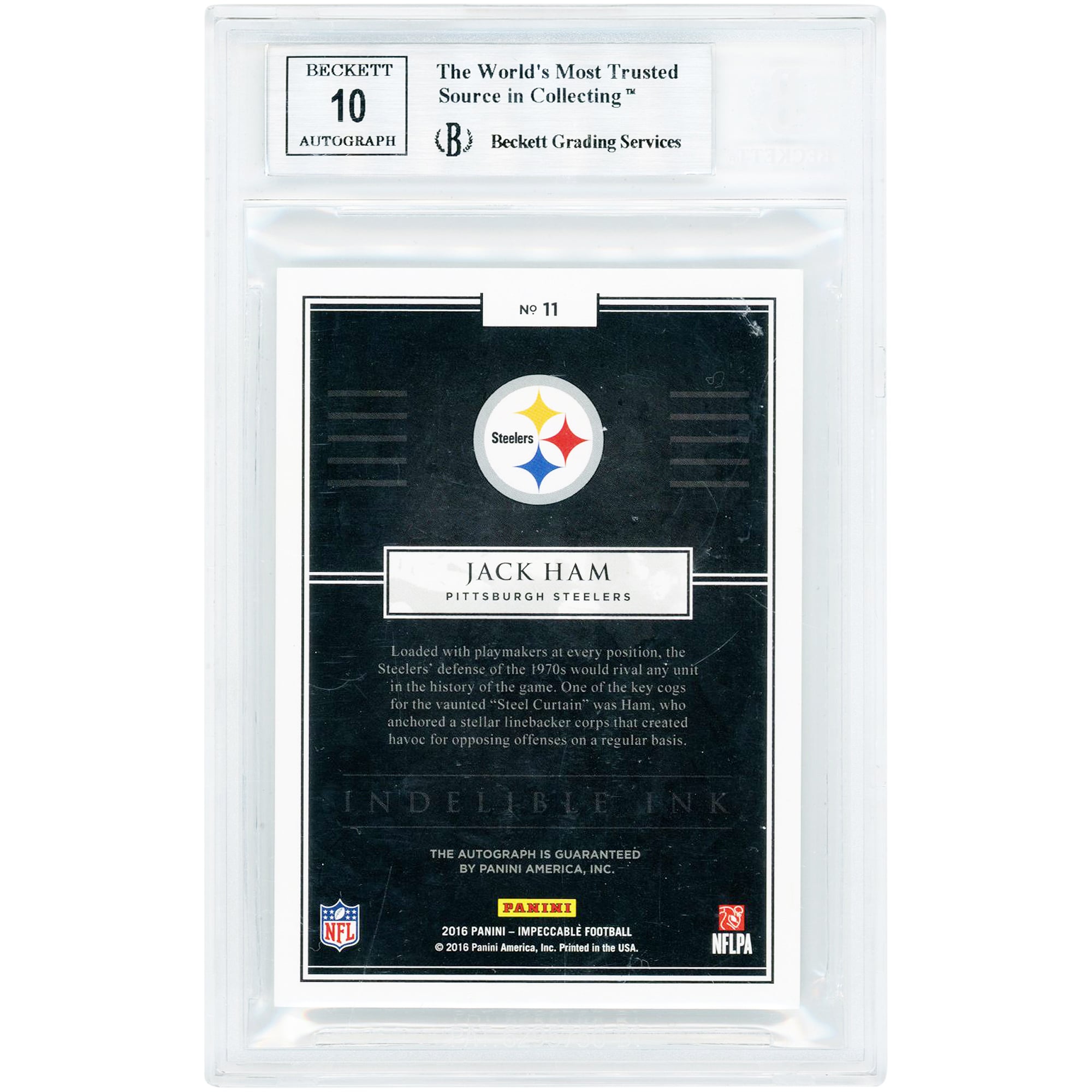 Jack Ham Pittsburgh Steelers Autographed 2016 Panini Impeccable Indelible Ink Gold #11 #1/5 BGS Authenticated 9/10 Card
